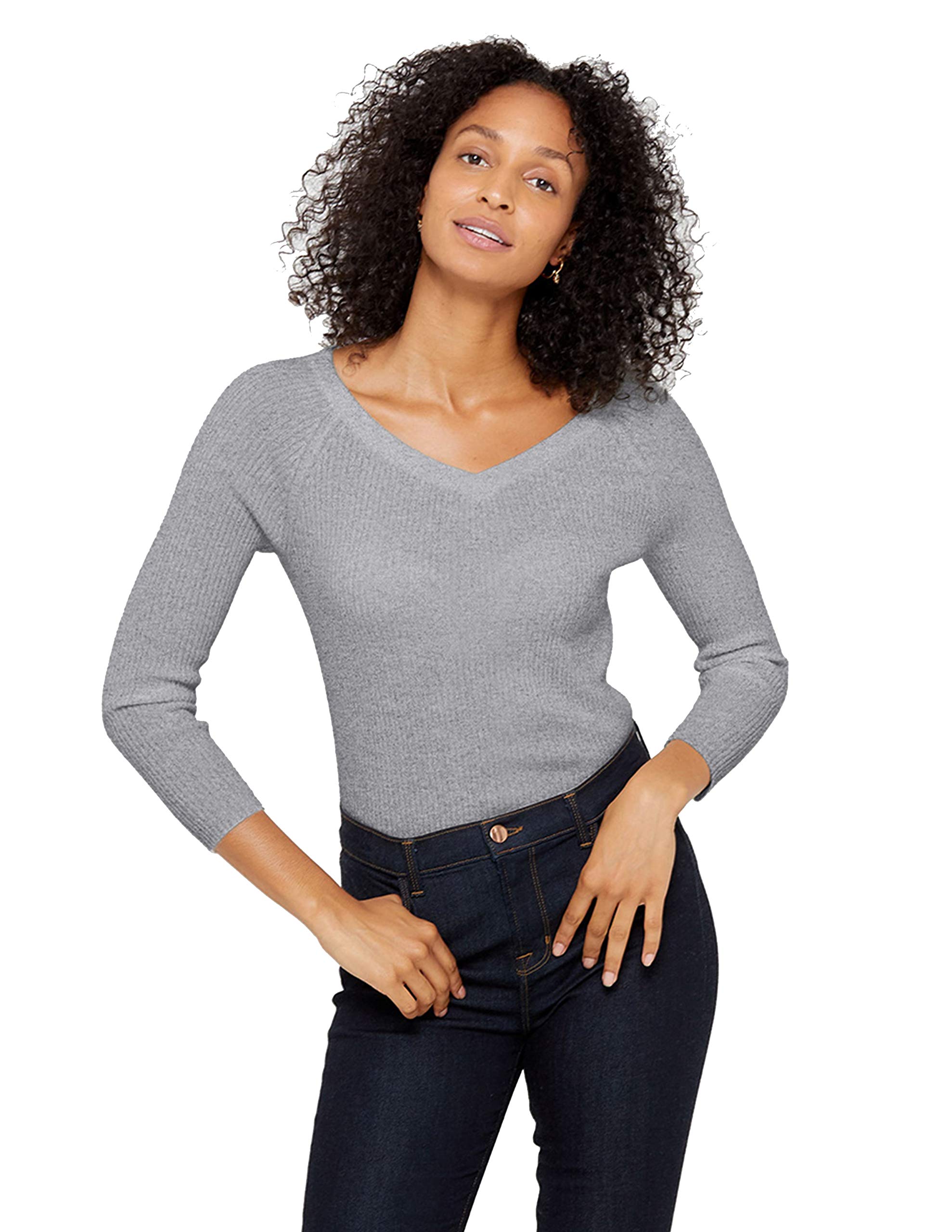Luxury 100% Pure Cashmere Women's V-Neck Ribbed Sweater - Soft 3/4 Sleeve Pullover for Fall & Winter - Perfect for Office, Date Night & Casual Outings
