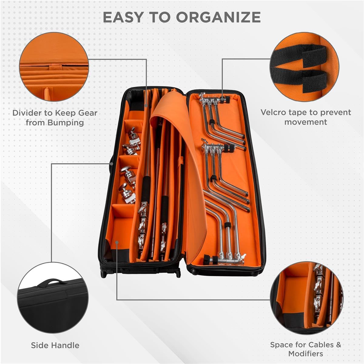 Slinger L6 BigBag Light Stand Rolling Case for Three C-Stands – Black Carrying Case with Bright Orange Interior, Adjustable Dividers, Roller-Bearing Wheels & Fabric Straps – Perfect for Studio, Photography, and On-Location Video Shoots