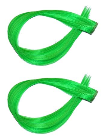 KAVIN Clip In Straight Hair Extensions - Set of 2 Colored Hair Streaks, Light Green Synthetic Hairpieces for Women & Girls | Halloween Costume Accessories, Party Hair Highlights & Everyday Fashion Styling