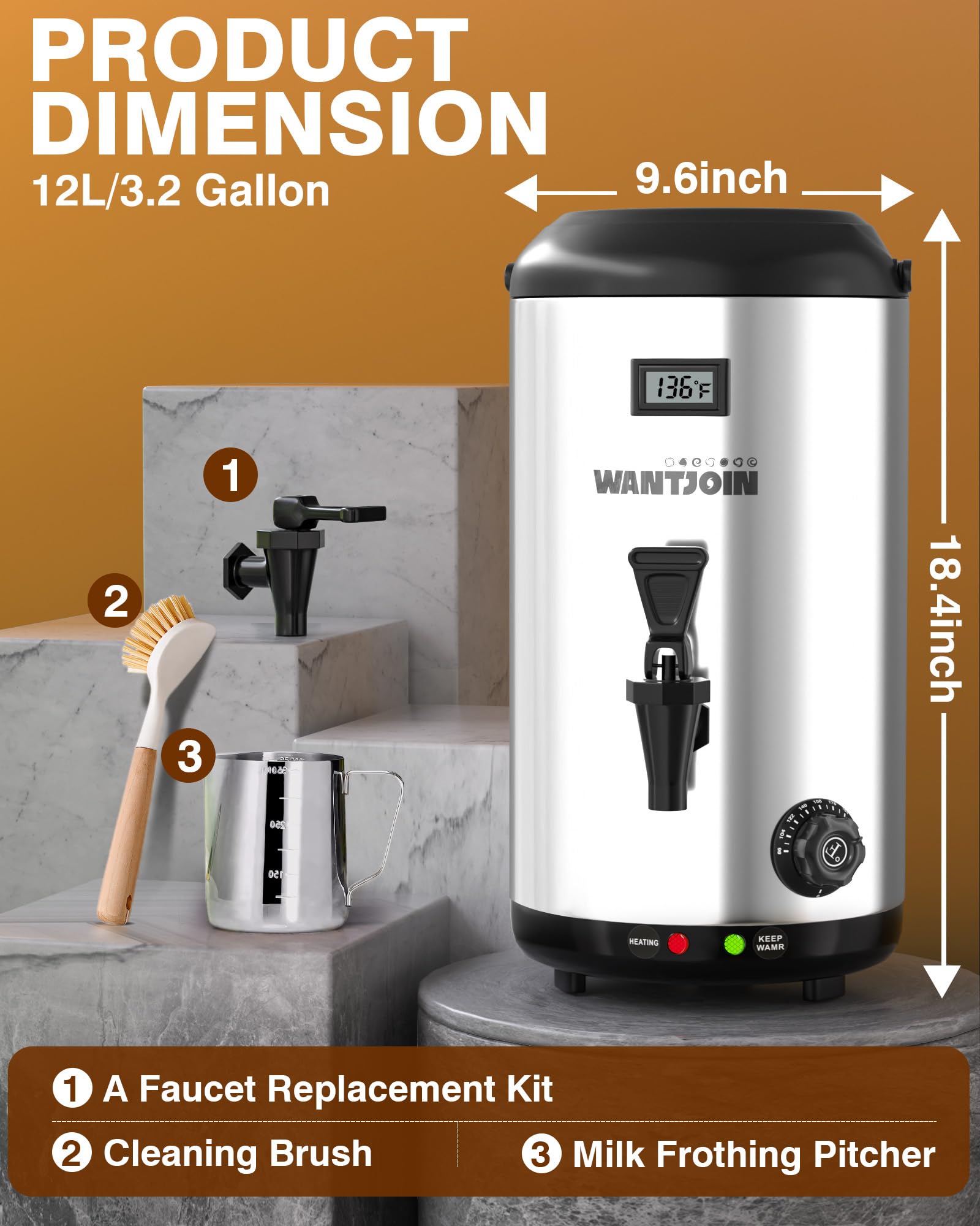 WantJoin 12L/3.2 Gallon Stainless Steel Electric Beverage Dispenser - Hot & Cold Water Urn with Spigot for Coffee, Tea, Milk, Juice - Perfect for Offices, Cafes, Parties and Events (Silver)