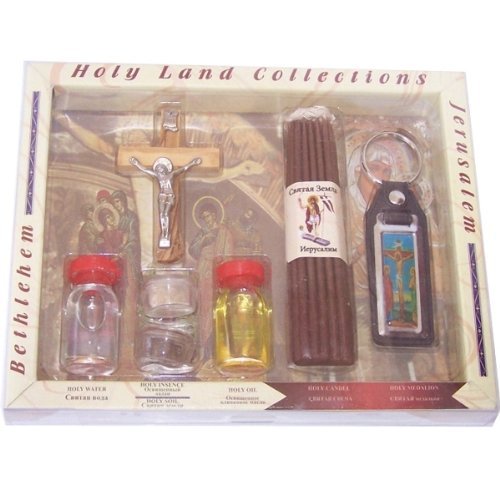 Holy Land Market Large Religious Gift Set with Certificate - Olive Wood Crucifix, 33 Candles & Key Ring (8.5 inches) - Perfect for Christian Home Decor, Baptism Gifts & Church Ceremonies