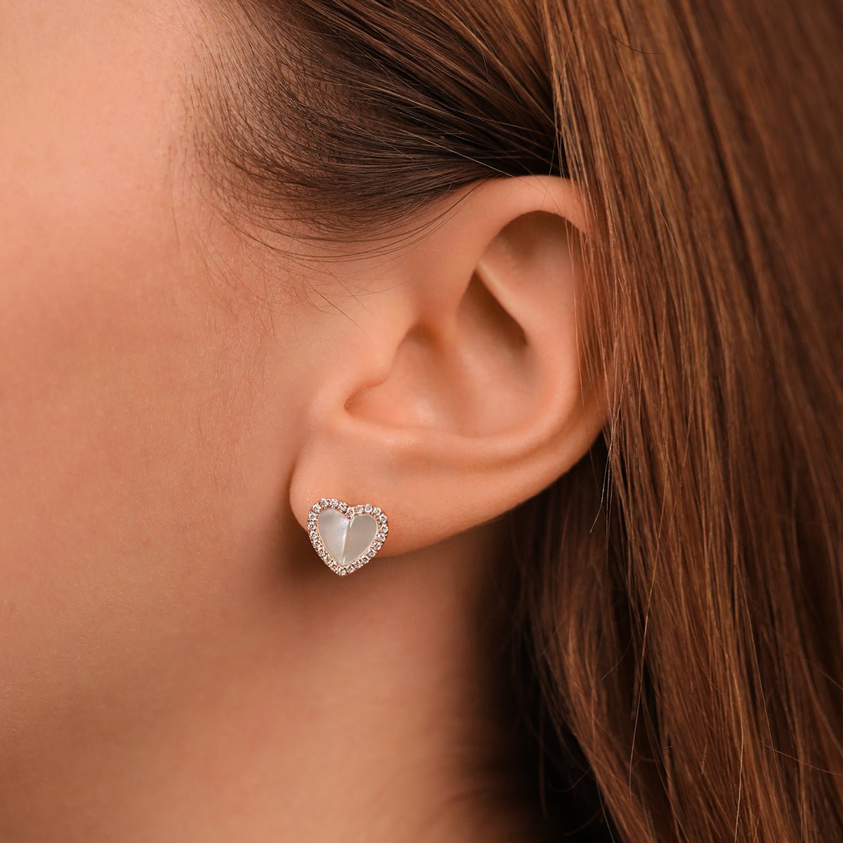 14K Rose Gold Mother of Pearl Heart Earrings with Diamond Halo - Elegant Dangle Earrings for Women, Perfect for Valentine's Day, Anniversary, Wedding & Special Occasions