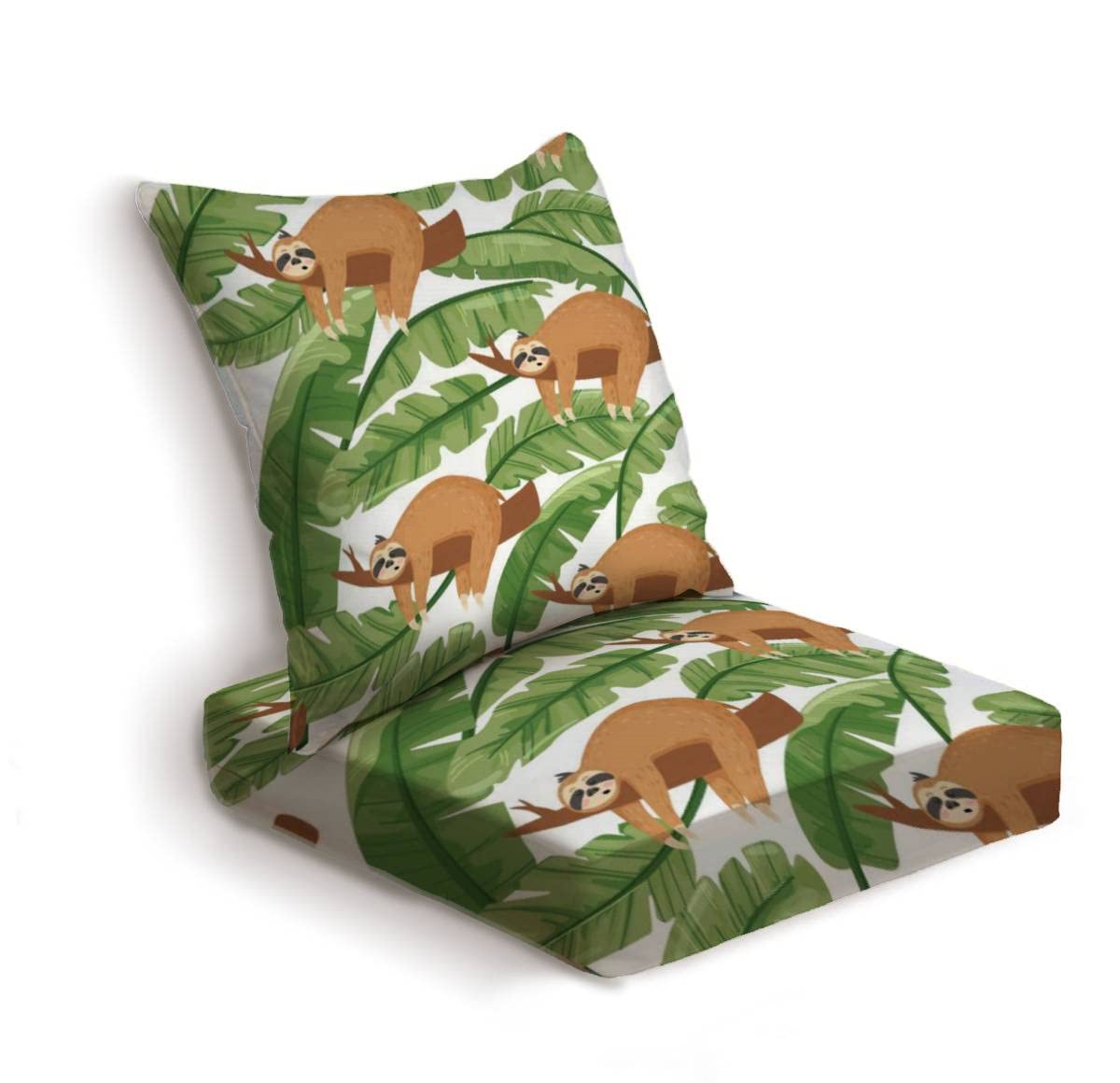 2-Piece Outdoor Deep Seat Cushion Set with Cute Sloth & Tropical Palm Leaf Design - Waterproof Patio Furniture Replacement Cushions for Lounge Chairs, Conversation Sets - Perfect for Backyard, Poolside & Garden Relaxation