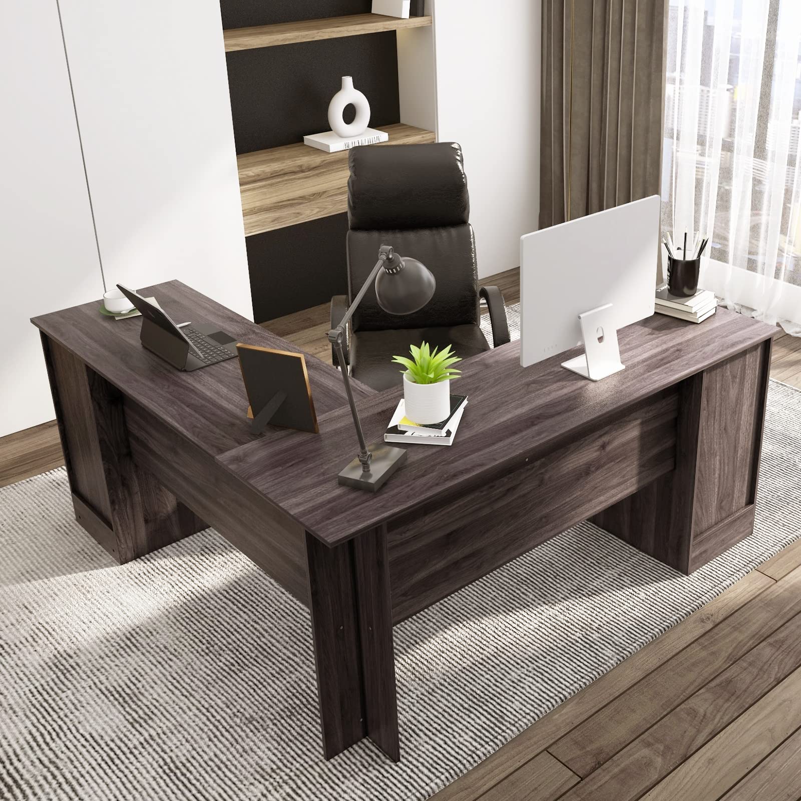 Tangkula L-Shaped Office Desk with Storage Drawers & Keyboard Tray - Home Office Corner Computer Desk with Cabinet & Adjustable Shelf - Space Saving Study Writing Workstation for Small Spaces, Gaming Setup & Remote Work