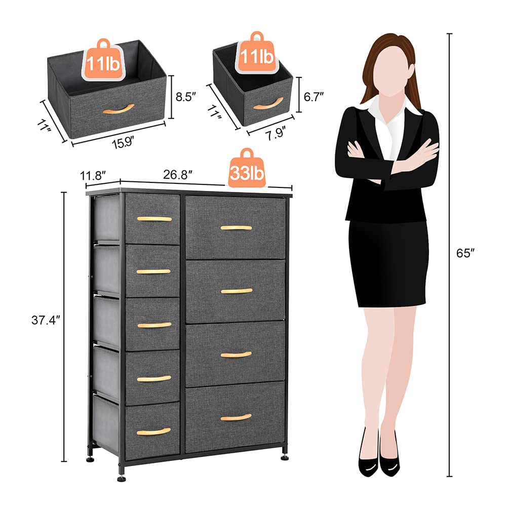 Crestlive 9-Drawer Tall Dresser for Bedroom - Vertical Storage Tower with Sturdy Steel Frame & Fabric Bins | Wood Handles Closet Organizer | Perfect for Hallway, Entryway & Small Spaces (Gray) - Space-Saving Bedroom Furniture & Home Organization Solution