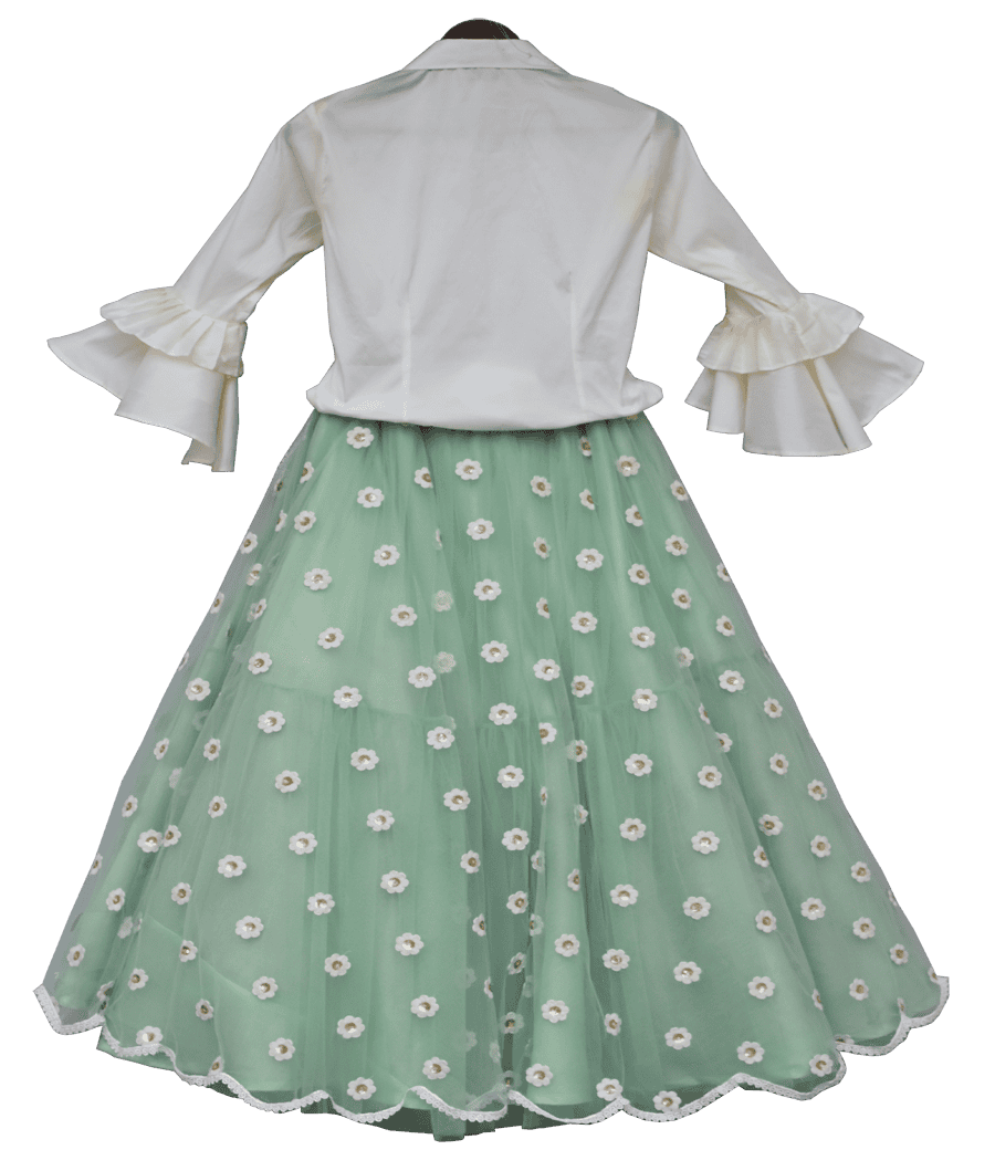 Pre Order: Off White Top with Green Embroidery Net Lehenga Choli - Elegant Indian Bridal Wear for Weddings & Festivals