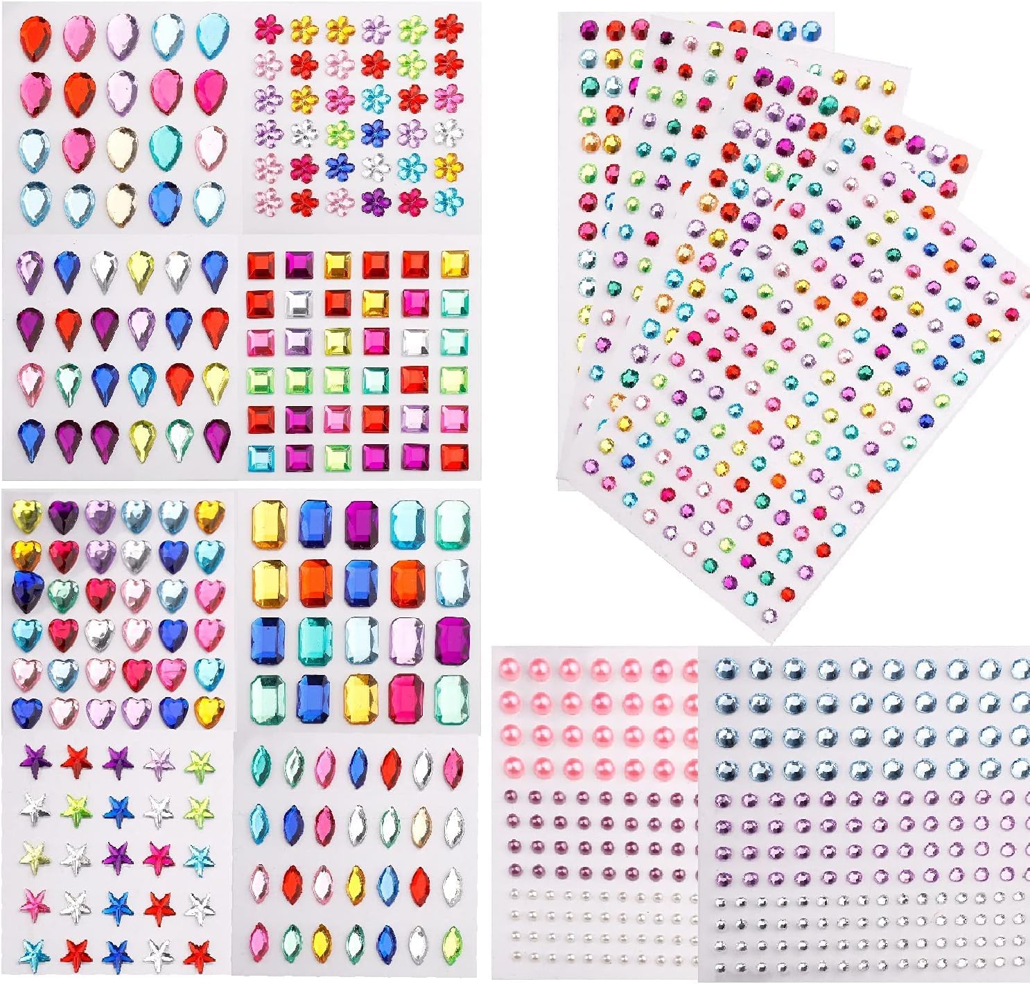 YSTrillion 1200Pcs Gem Rhinestone Stickers - Self-Adhesive Acrylic Face & Nail Gems for DIY Crafts, Makeup, Body Art (14 Sheets) | Perfect for Festival Makeup, Nail Art, Costume Design & Party Decorations