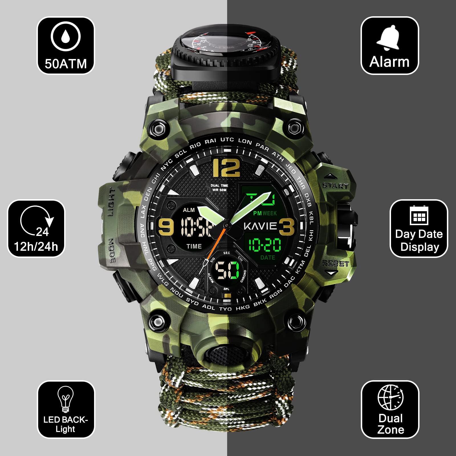 23-in-1 Survival Military Digital Watch for Men - Tactical Multi-Functional Outdoor Sports Watch with Compass, Paracord Band, Waterproof & Adjustable Wristband - Perfect for Hiking, Camping, Hunting and Adventure Activities