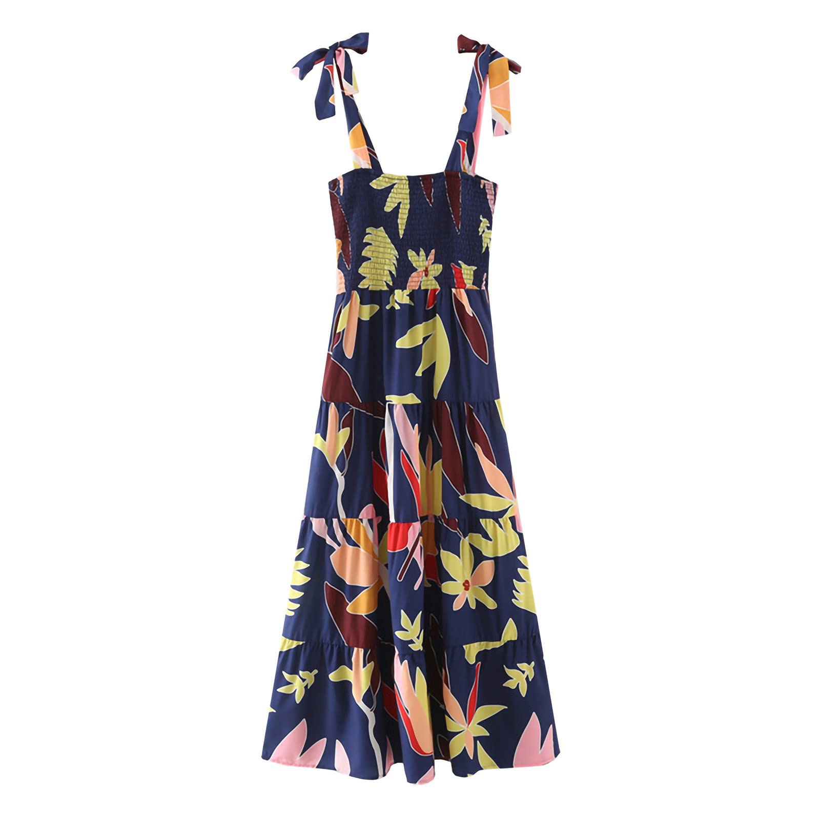 Women's Boho Beach Dress - Floral Butterflies Print Sleeveless Maxi Sundress with Tie Strap | A-Line Swing Casual Dress for Summer Vacation, Pool Party & Beach Getaway