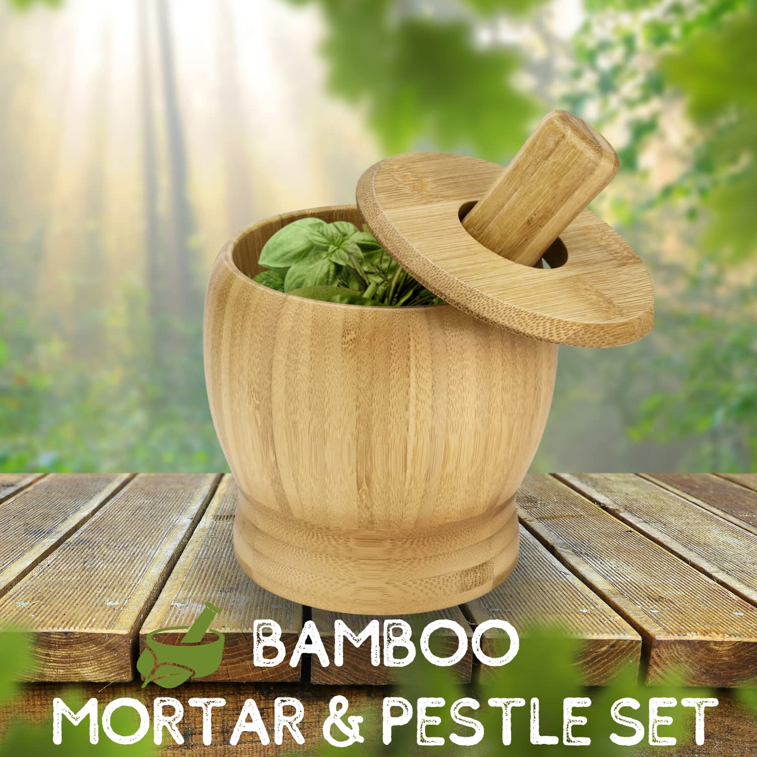 Premium 5-Inch Bamboo Mortar and Pestle Set - Natural Wooden Molcajete for Grinding Herbs, Spices, Garlic & Pills - Includes Lid & Spoon - Perfect for Guacamole, Cocktails, Ayurvedic Medicine & Kitchen Use