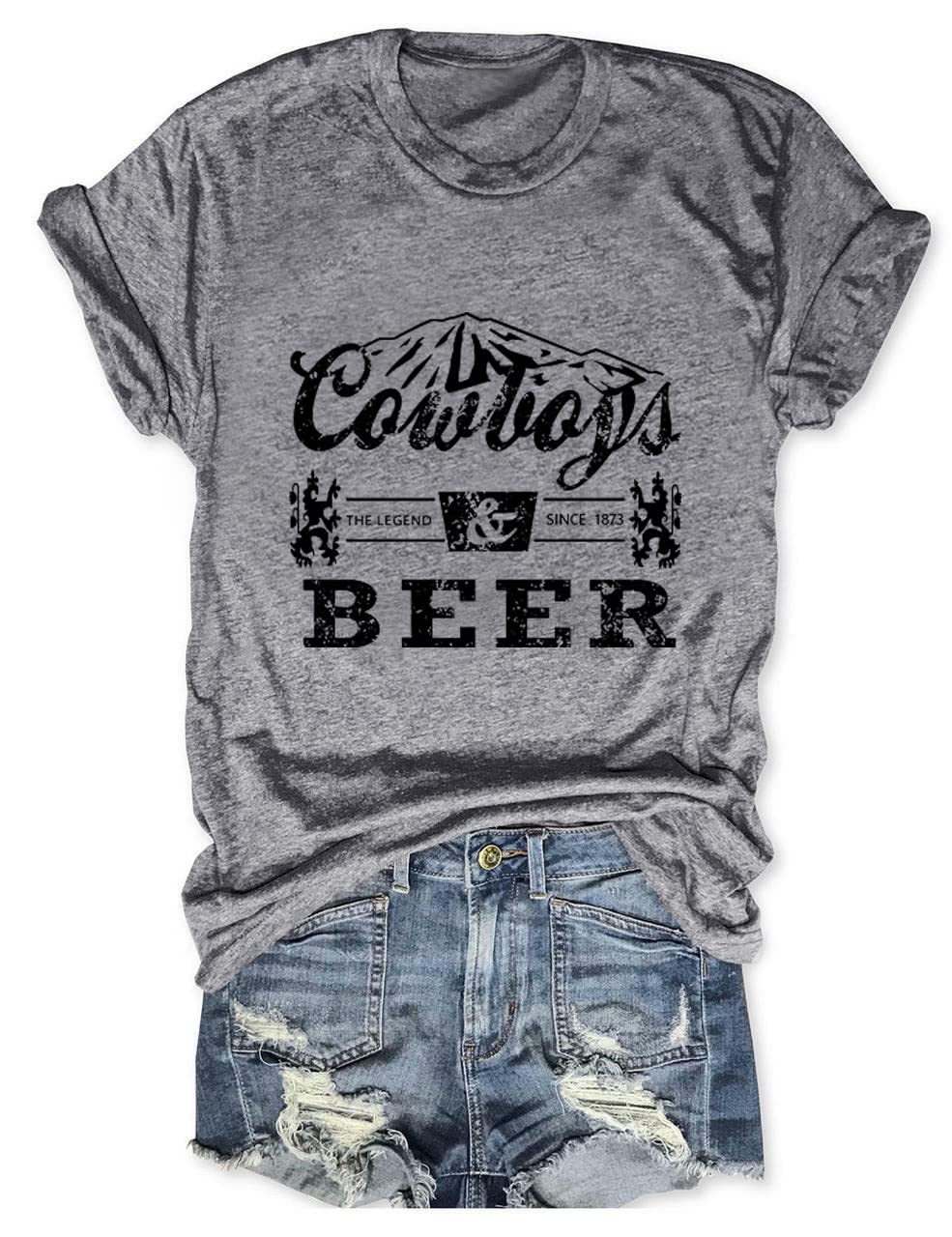Women's Western Cowboy Music Graphic T-Shirt - Funny Mountain & Beer Print Casual Short Sleeve Tee - Perfect for Concerts, Rodeos & Casual Outings