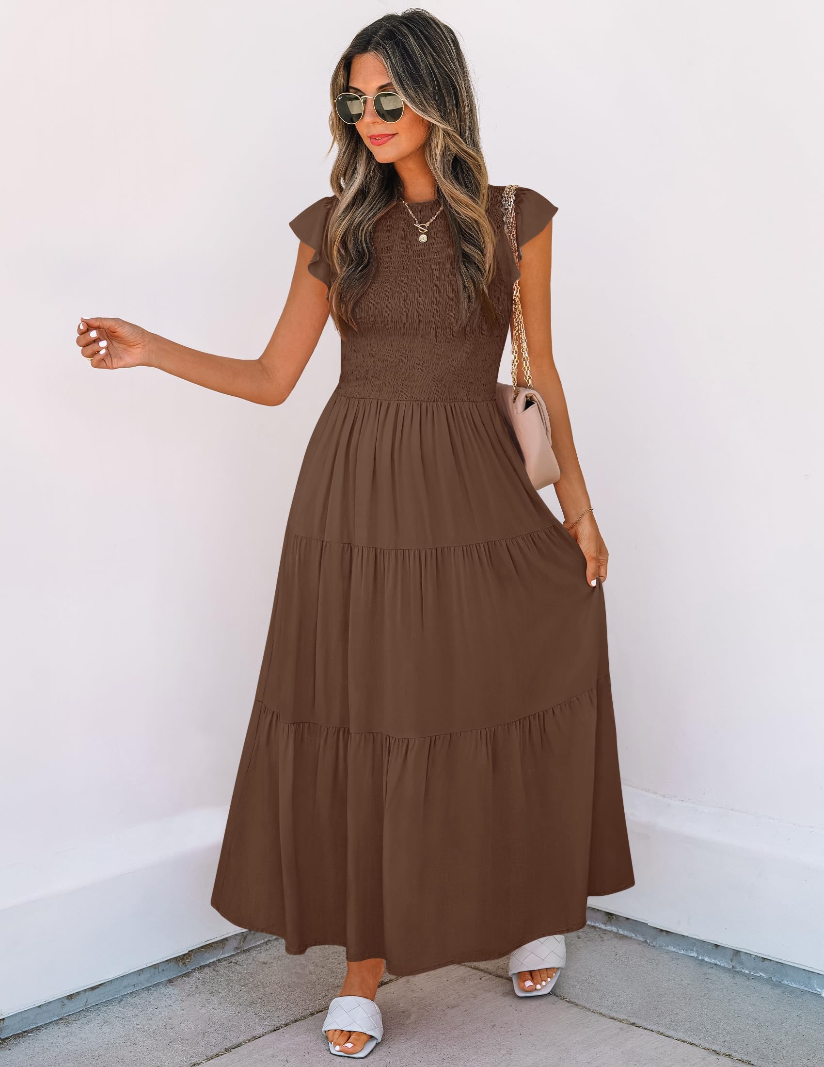 ZESICA Women's 2025 Summer Flutter Sleeve Smocked Waist Tiered Midi Dress - Casual Crew Neck Elastic Dress for Beach, Vacation & Everyday Wear