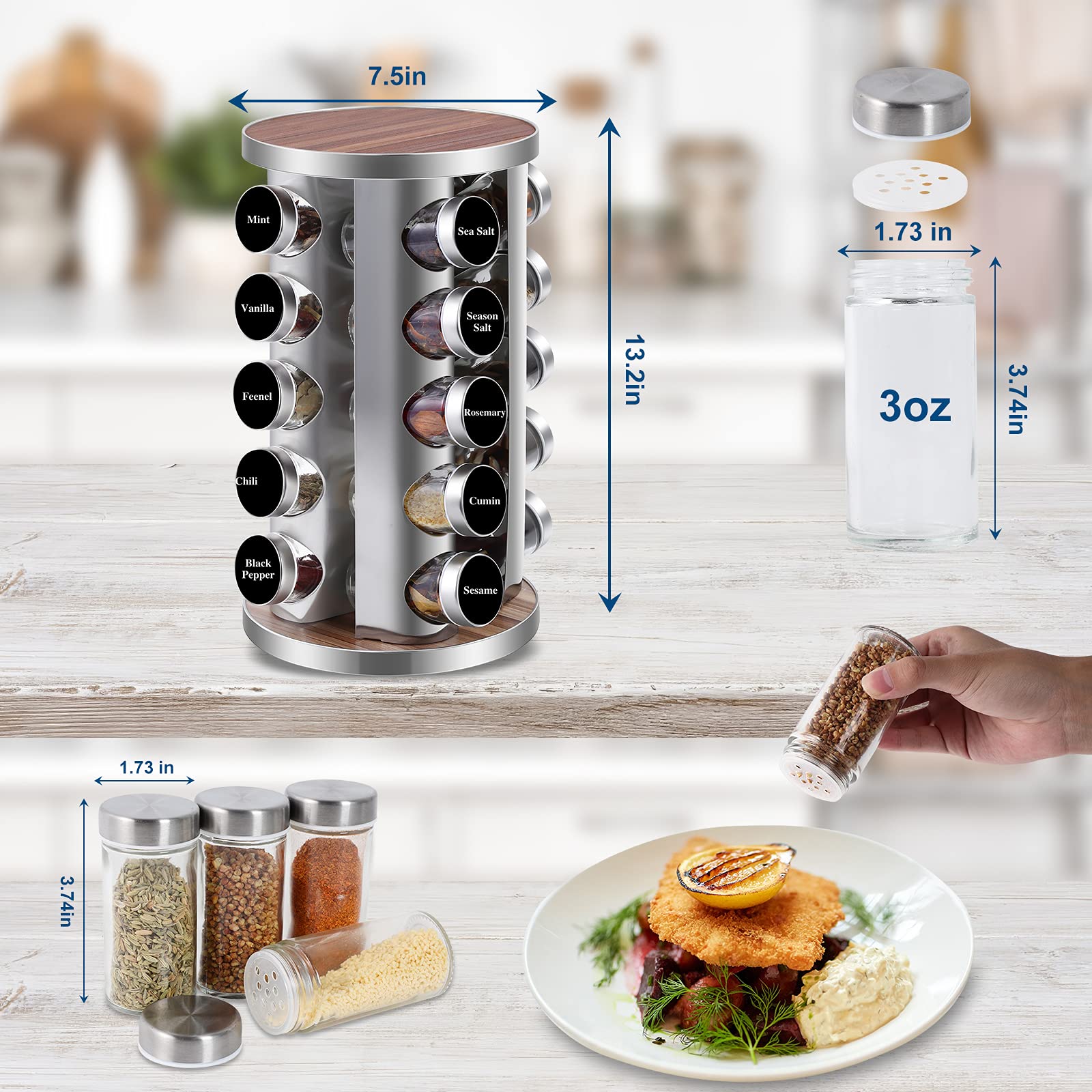WAYDA Rotating Spice Rack Organizer - 20 Jar Revolving Seasoning Storage for Kitchen Cabinet | Stainless Steel Spice Tower with Reusable Labels & Funnel | Perfect for Countertop Organization & Easy Spice Access