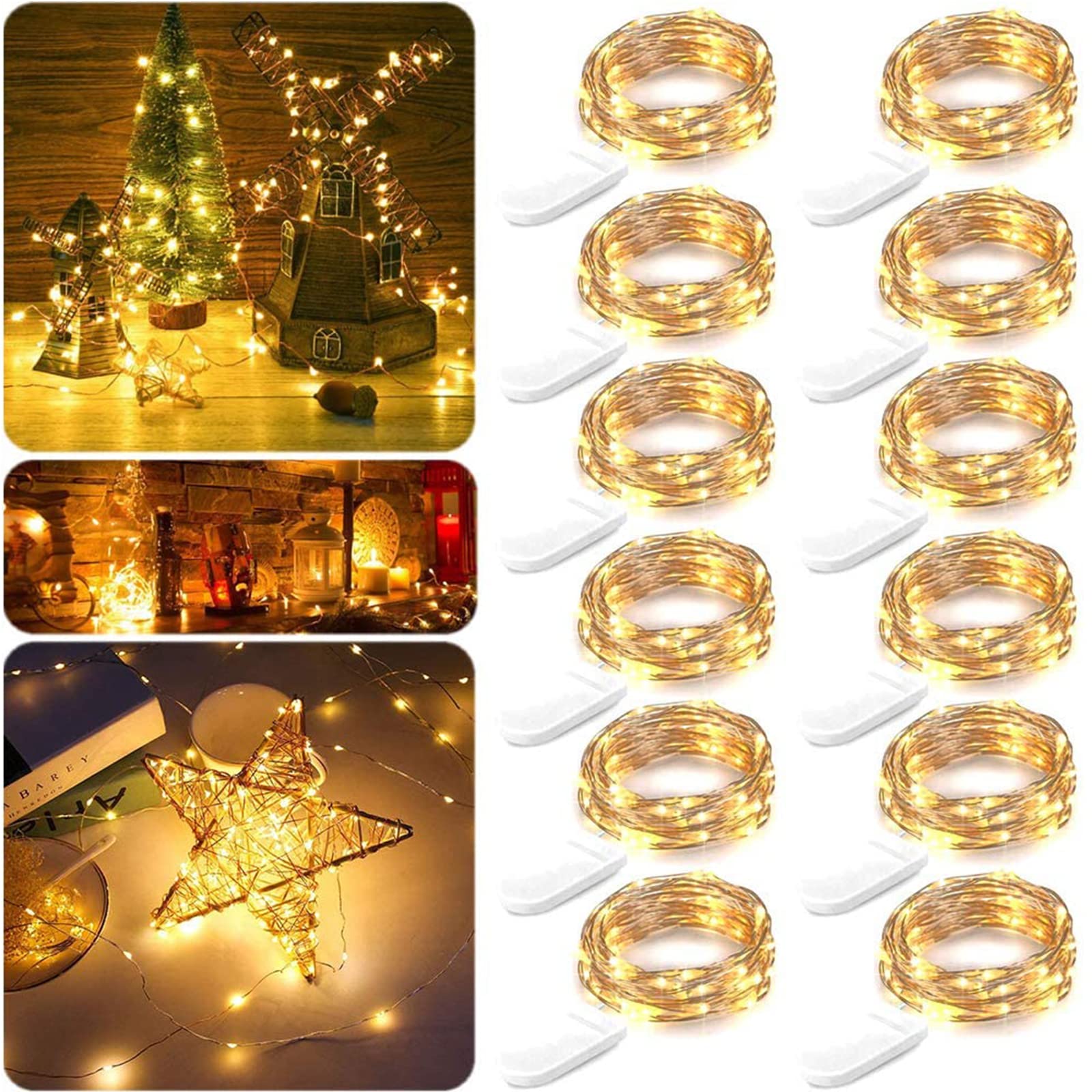 JETENCN 12 Pack 6.9ft 20 LED Fairy Lights Battery Operated - Waterproof Copper Wire String Lights for Christmas, Wedding, Party & Home Decor (Warm White) | Perfect for Mason Jars, Bedrooms & Outdoor Decorations