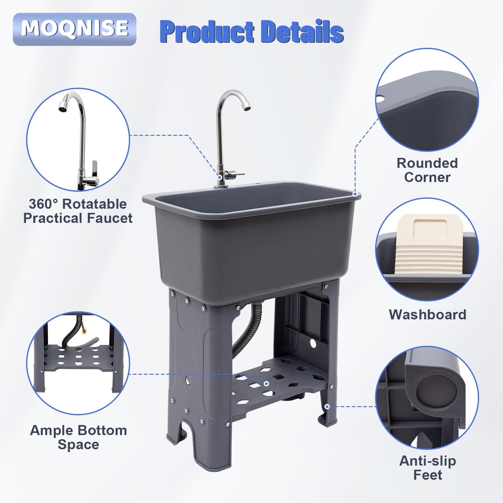 Freestanding Utility Sink with 360° Rotating Faucet & Storage Shelf - Heavy Duty Laundry Sink for Basement, Garage, Bathroom, Kitchen | Perfect for Washing Clothes, Cleaning Tools & Household Chores