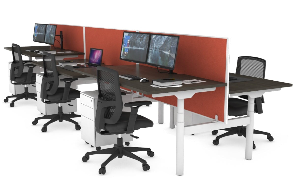 Flexi Premium Height Adjustable 6-Person Office Workbench | White Frame H-Shaped Desk [1400L x 800W with Cable Management] for Collaborative Workspaces & Open Office Environments