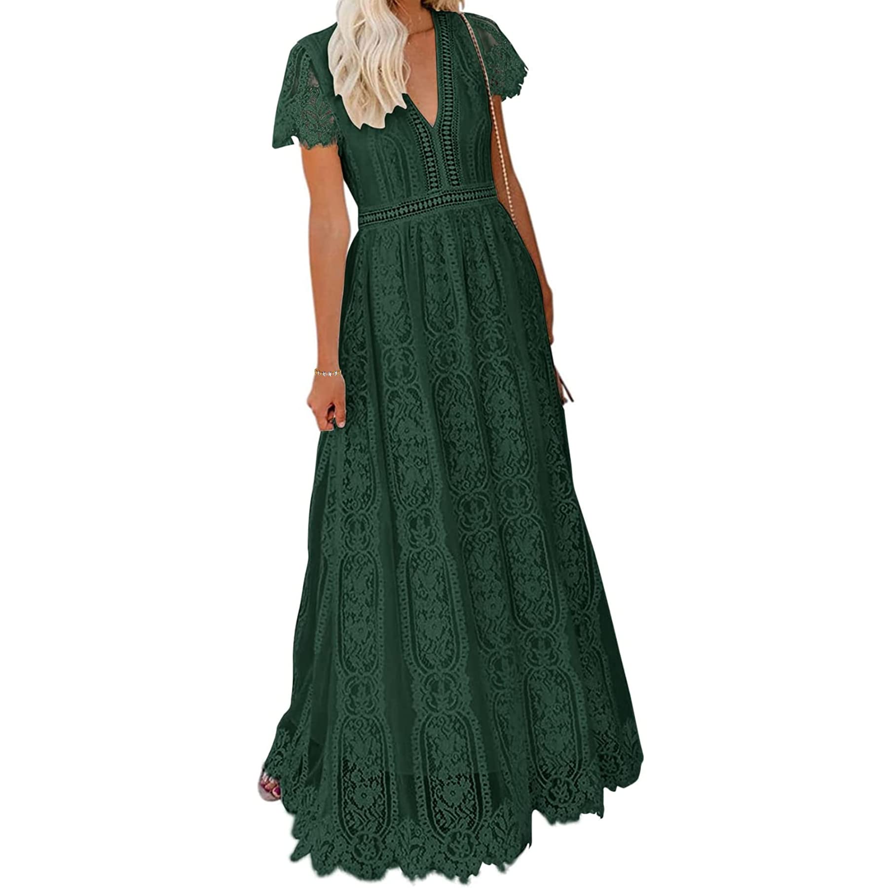 BIGSPCE Women's Floral Lace V-Neck Long Dress - Elegant Short Sleeve Bridesmaid Gown for Wedding, Cocktail Party & Formal Dinner | Perfect for Summer Events, Evening Occasions & Special Celebrations