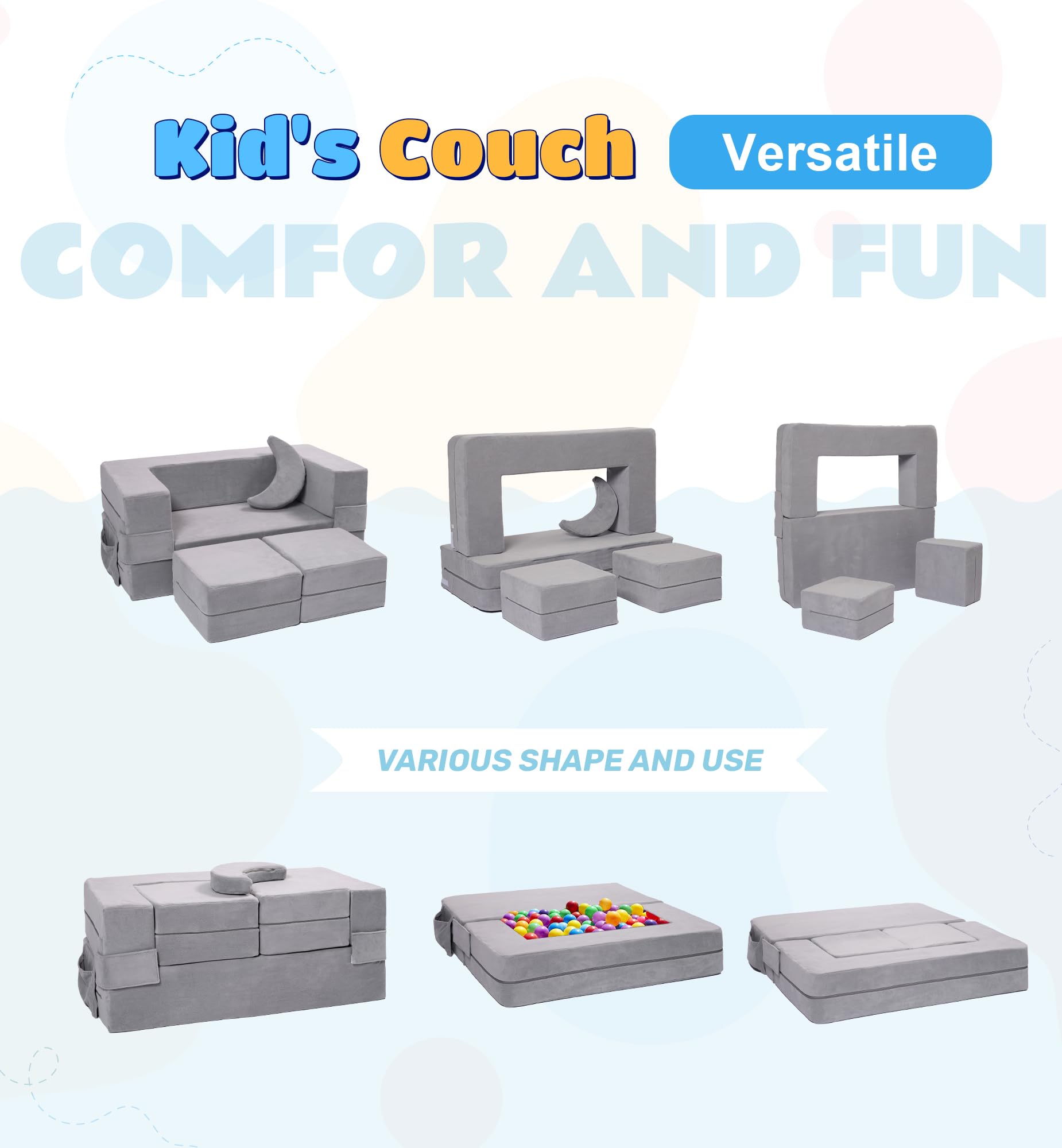 Modular Kids Sofa - Convertible Toddler Couch with Foam Armchair, Foldable Plush Sofa Bed Play Set for Boys & Girls (Grey) - Perfect for Playrooms, Bedrooms & Nap Time