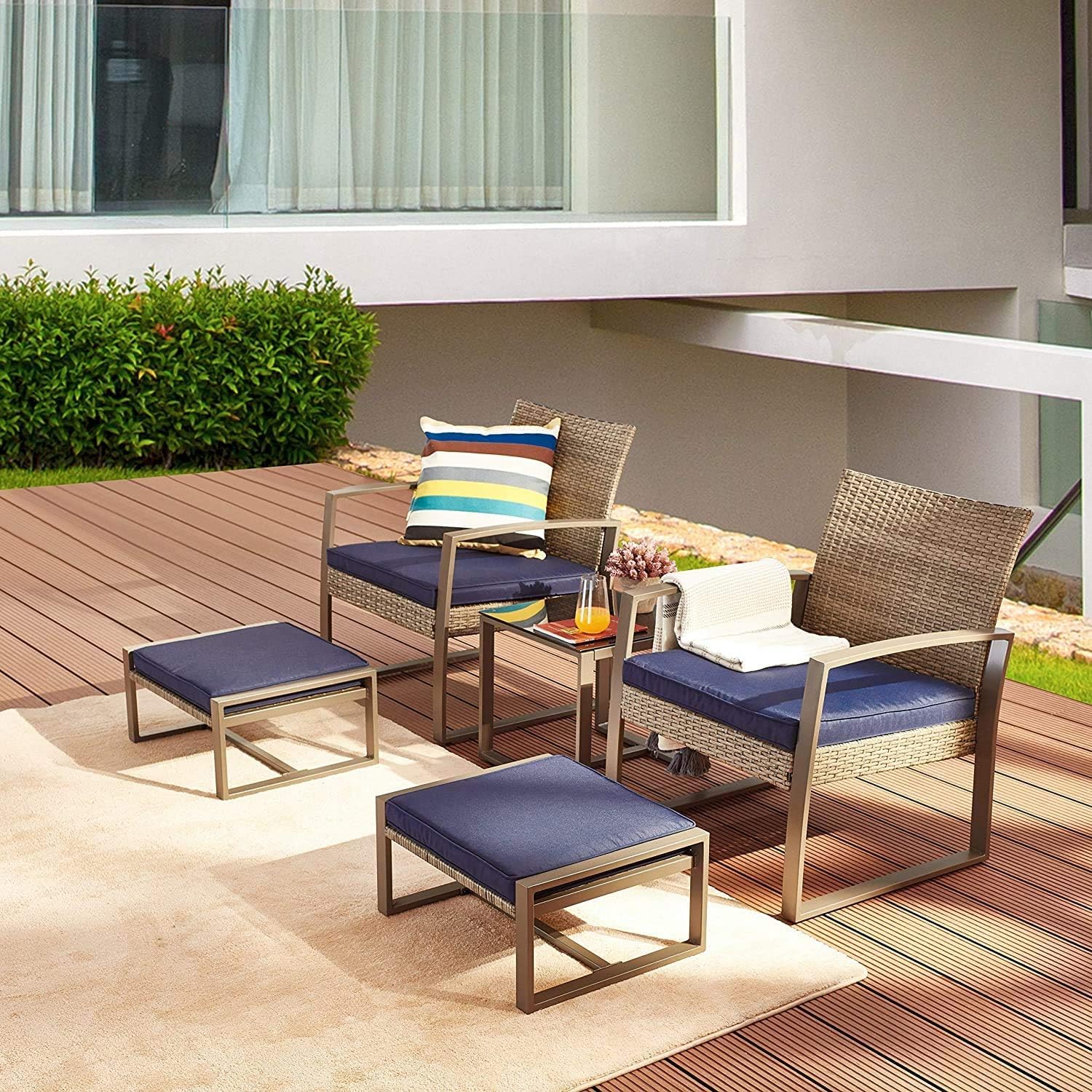 LOKATSE HOME 5-Piece Wicker Outdoor Patio Furniture Set - PE Rattan All-Weather Conversation Set with Cushioned Chairs, Ottoman & Glass Coffee Table - Perfect for Balcony, Porch, Garden or Backyard Relaxation