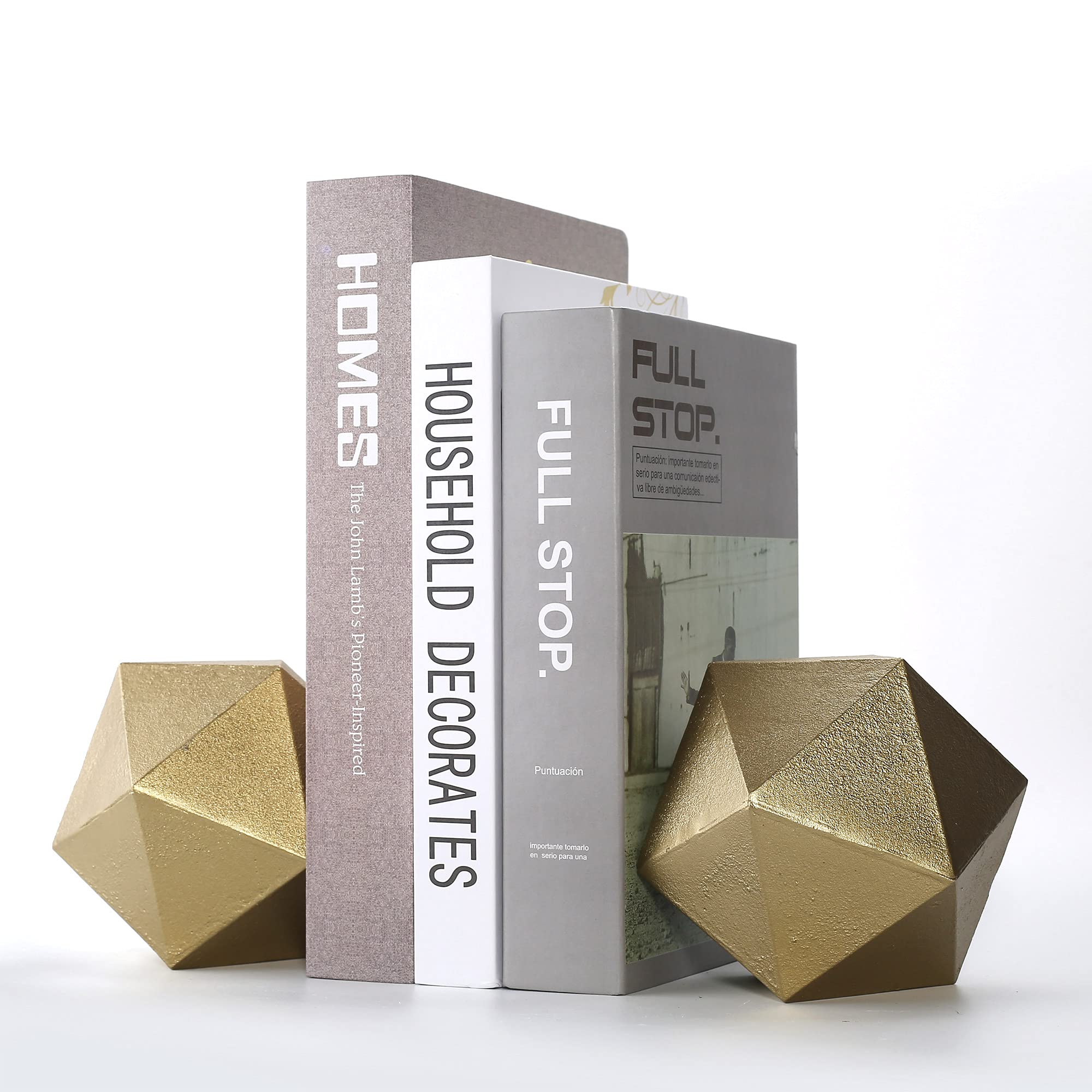 Modern Geometric Gold Bookends Set of 2 - Decorative Cast Iron Ball Shaped Book Holders for Office Desk, Bookshelf & Home Decor - Perfect for Organizing Books in Home Office, Living Room or Study Space