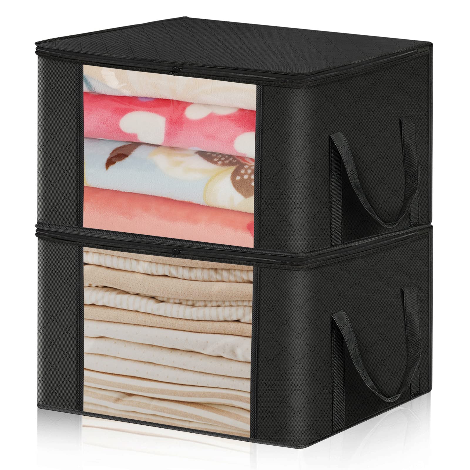 CCidea 2-Pack Underbed Storage Bags with Reinforced Handles - Medium Black Clothes Organizers for Seasonal Wardrobe & Blanket Storage