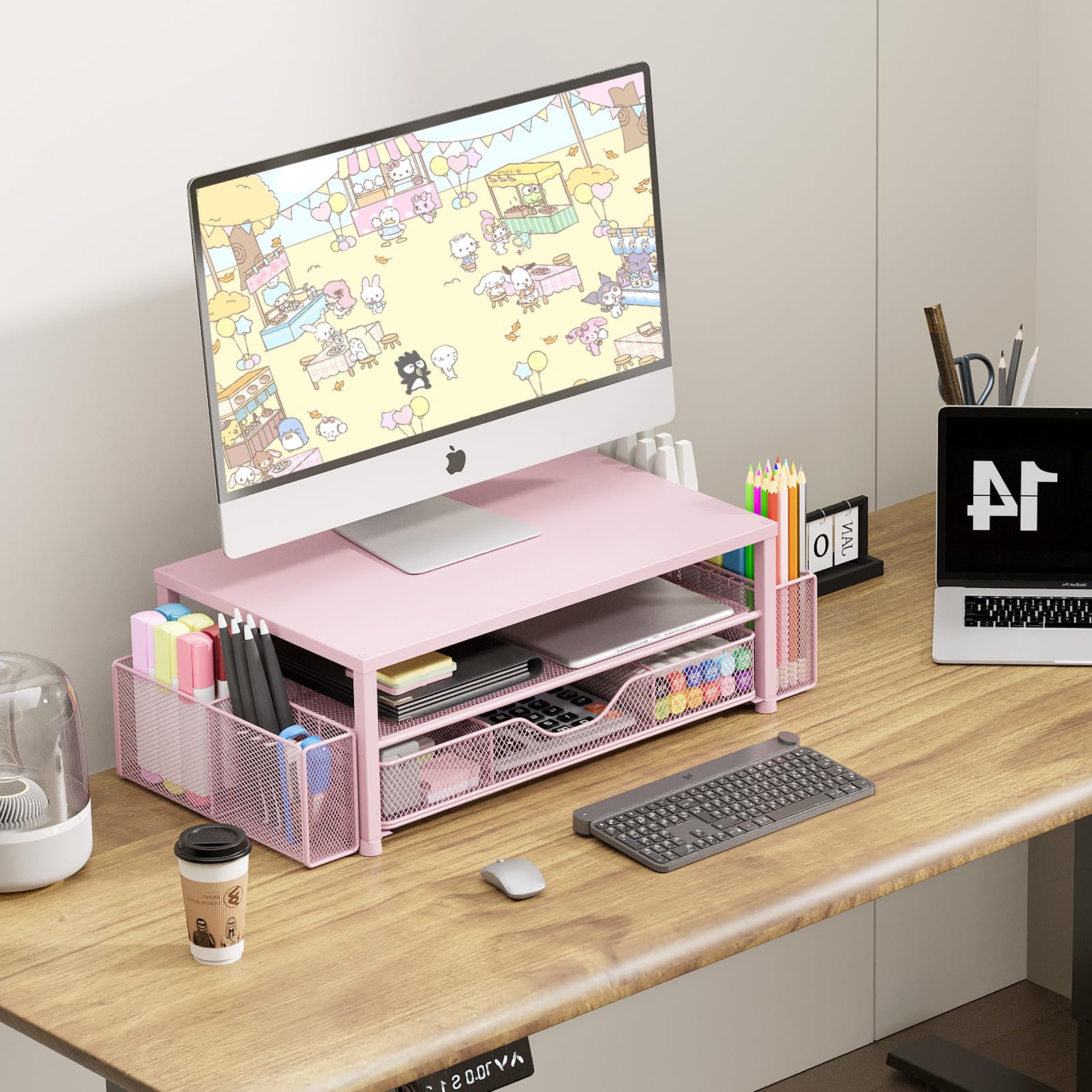 2-Tier Pink Monitor Stand with Drawer & Pen Holders - Space Saving Desk Organizer for Office Supplies | Perfect for Home Office, Workspace & Computer Desk Organization