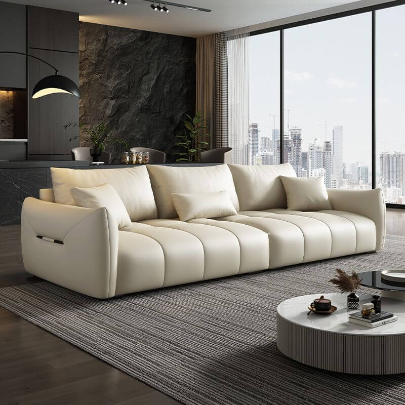 Minimalist Pine Off White Grey Peony Floor Sofa 3 Seater with Wide Pillow Back & Square Arm - Modern Living Room Furniture for Small Spaces, Lounge, Reading Nook & Cozy Home Decor