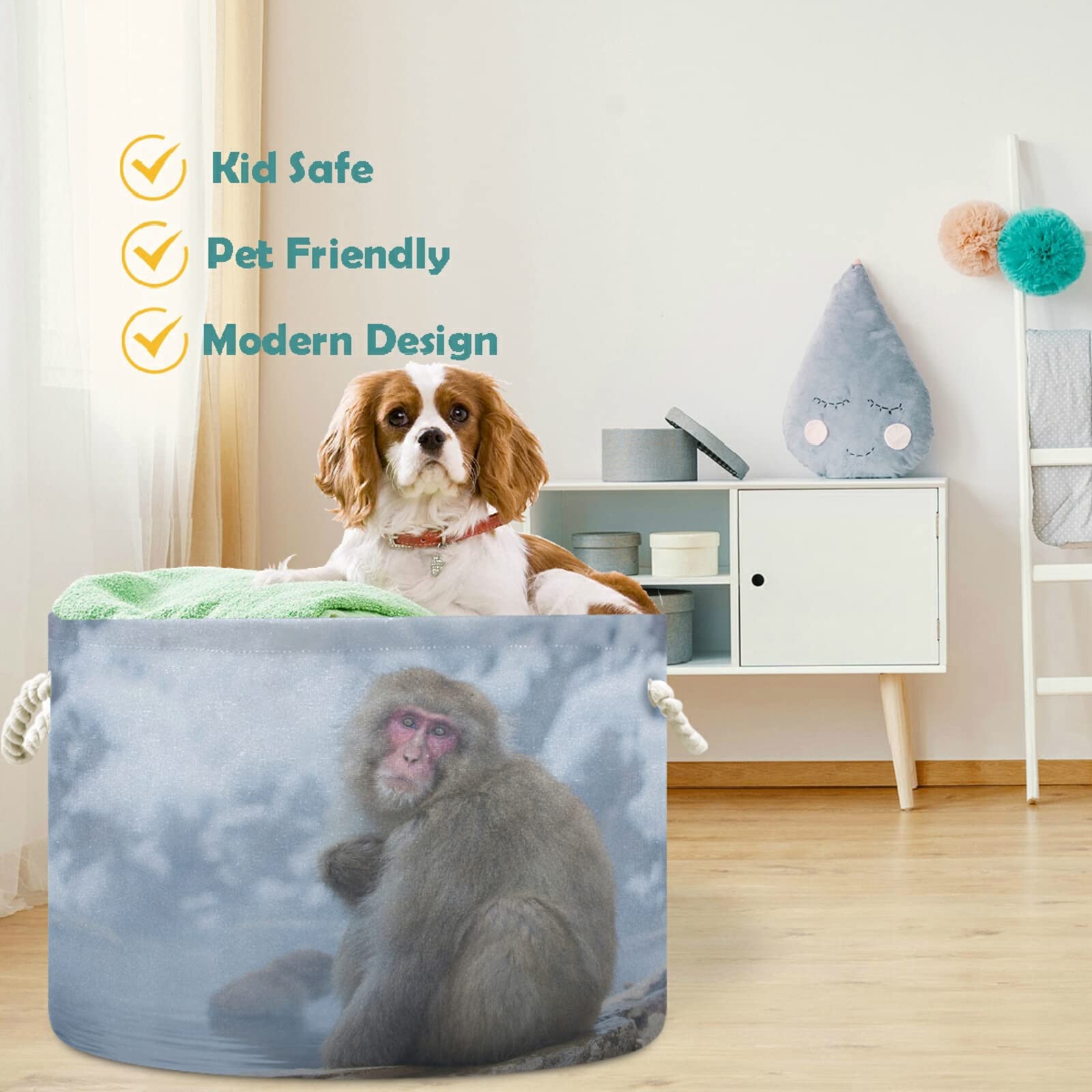 Visesunny Collapsible Fabric Storage Bin - Snow Monkey Laundry Basket & Toy Organizer for Clothes, Toys & More | Perfect for Bathroom, Bedroom, Nursery, Closet & Office Organization
