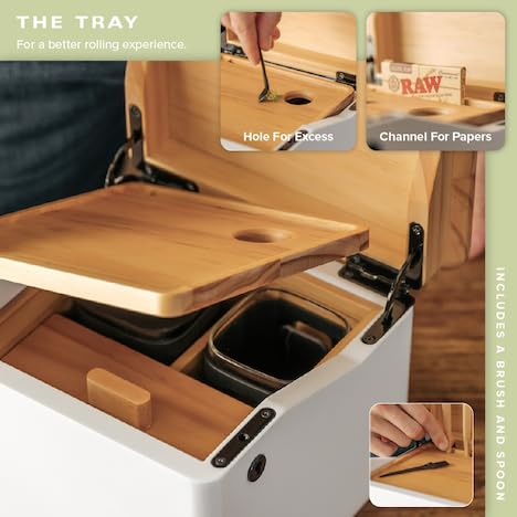 Premium STO Storage Box with Lock & Magnetic Tray - 2 Airtight Glass Jars with Digital Hygrometers - Large Organizer Box with Accessory Compartment - Solid New Zealand Pine Wood Lid & White Base - Perfect for Storing Herbs, Spices, Tea, Coffee & Valuables at Home or Office