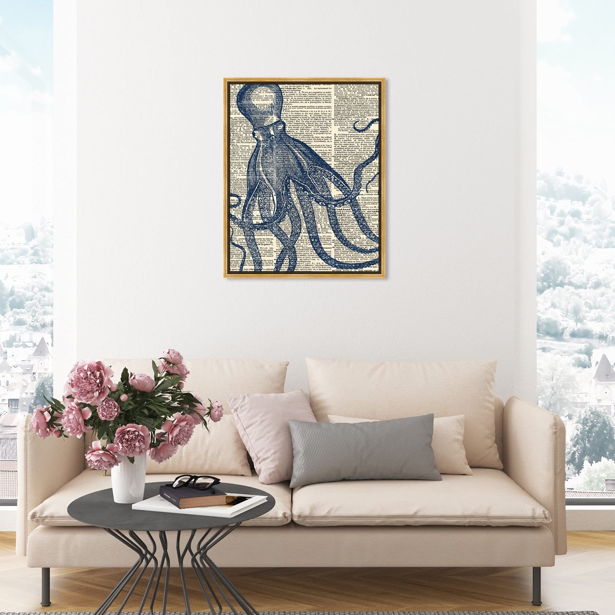 Oliver Gal Artist Co. Nautical Wall Art - Framed Marine Life Octopus Canvas Print - Coastal Home Decor Dictionary Art - 20x24 Inches Gold Floater Frame - Perfect for Beach House, Living Room & Office Wall Decor