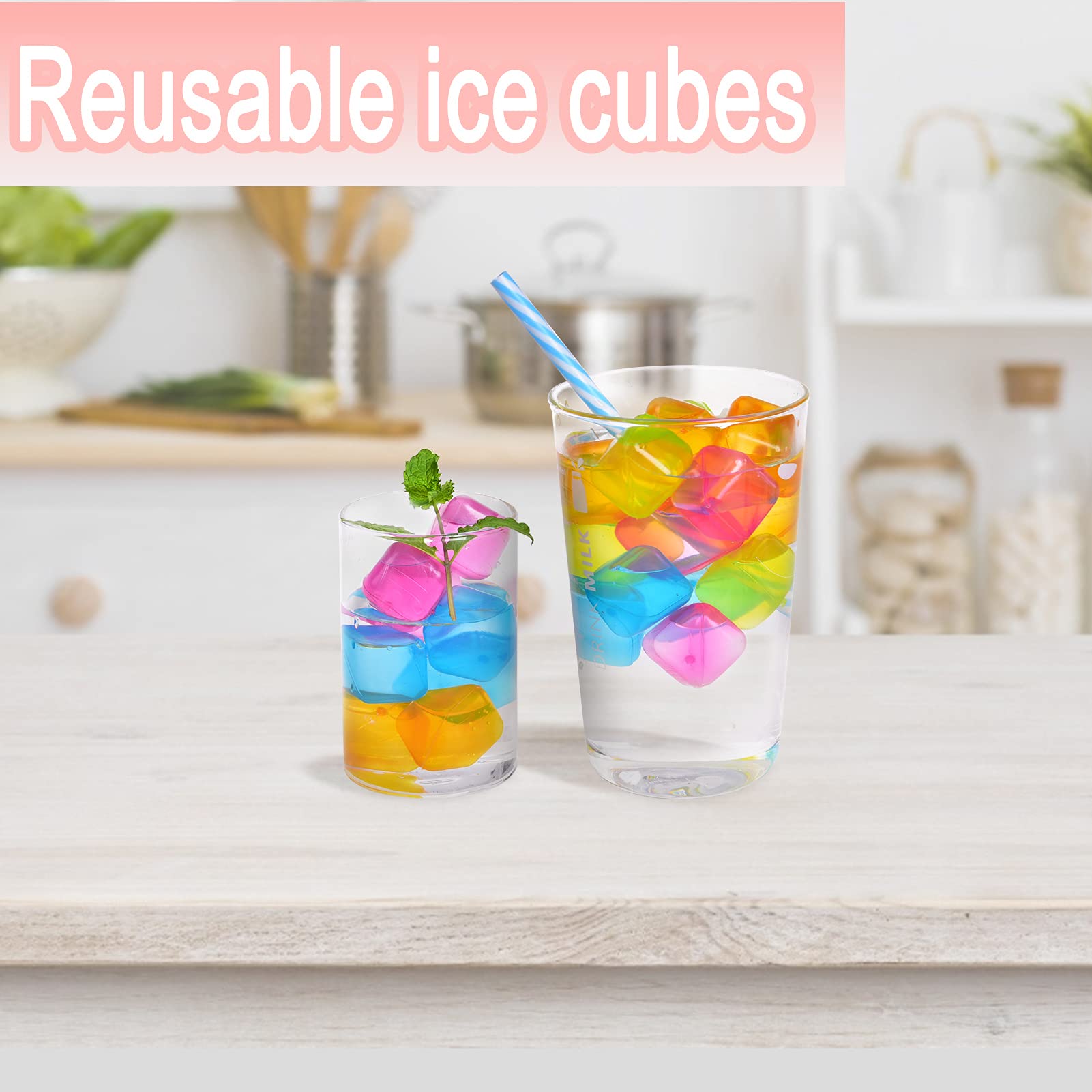 Reusable Ice Cubes 60 Pack - BPA Free Refreezable Plastic Ice Cubes for Drinks, Whiskey, Cocktails & Beverages - Square Multicolor Ice Cube Set for Parties, Home Bars & Outdoor Events