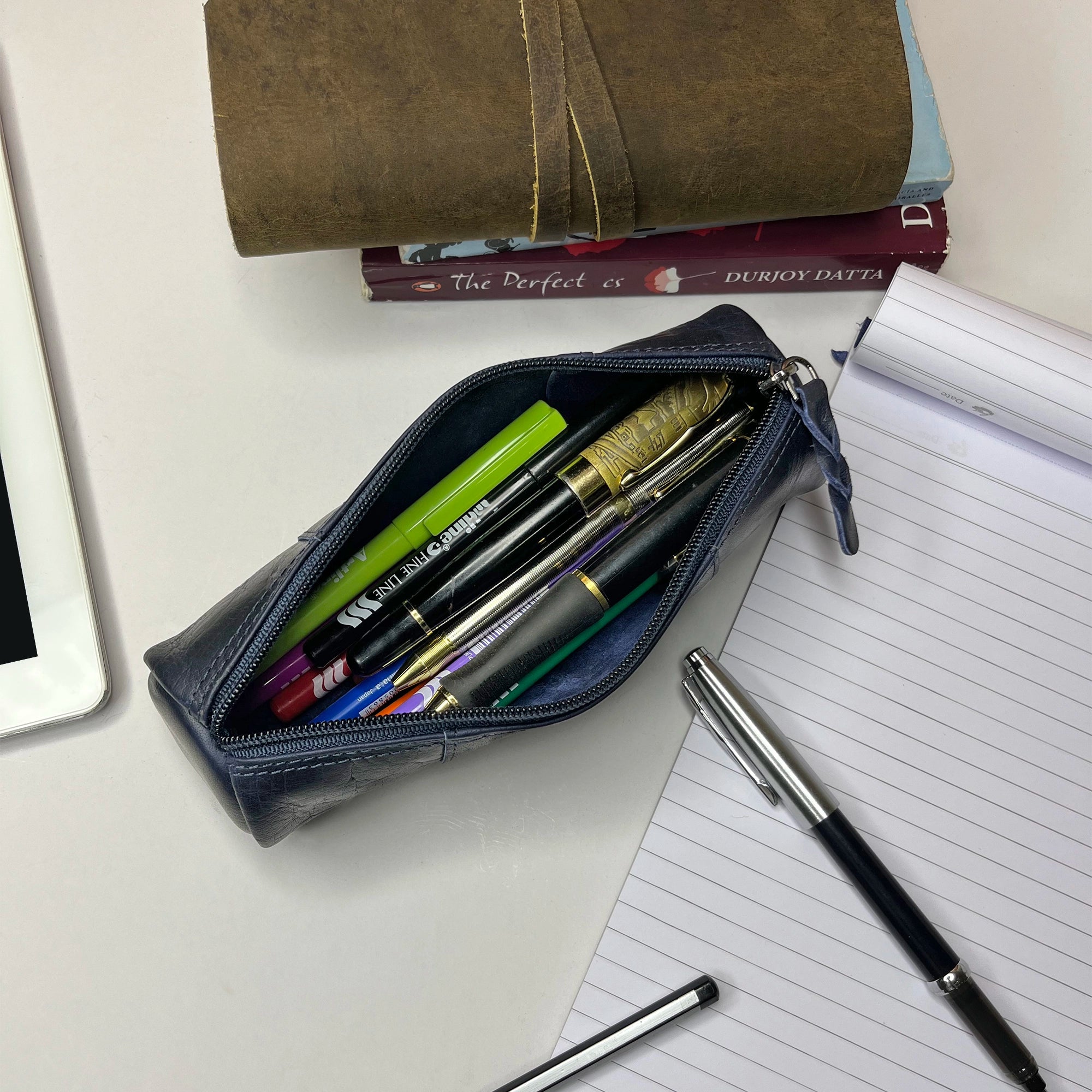 Premium Winnie Leather Zipper Pen Pencil Case - Blue | Stylish School & Office Organizer for Pens, Pencils & Stationery | Perfect for Students, Professionals & Artists