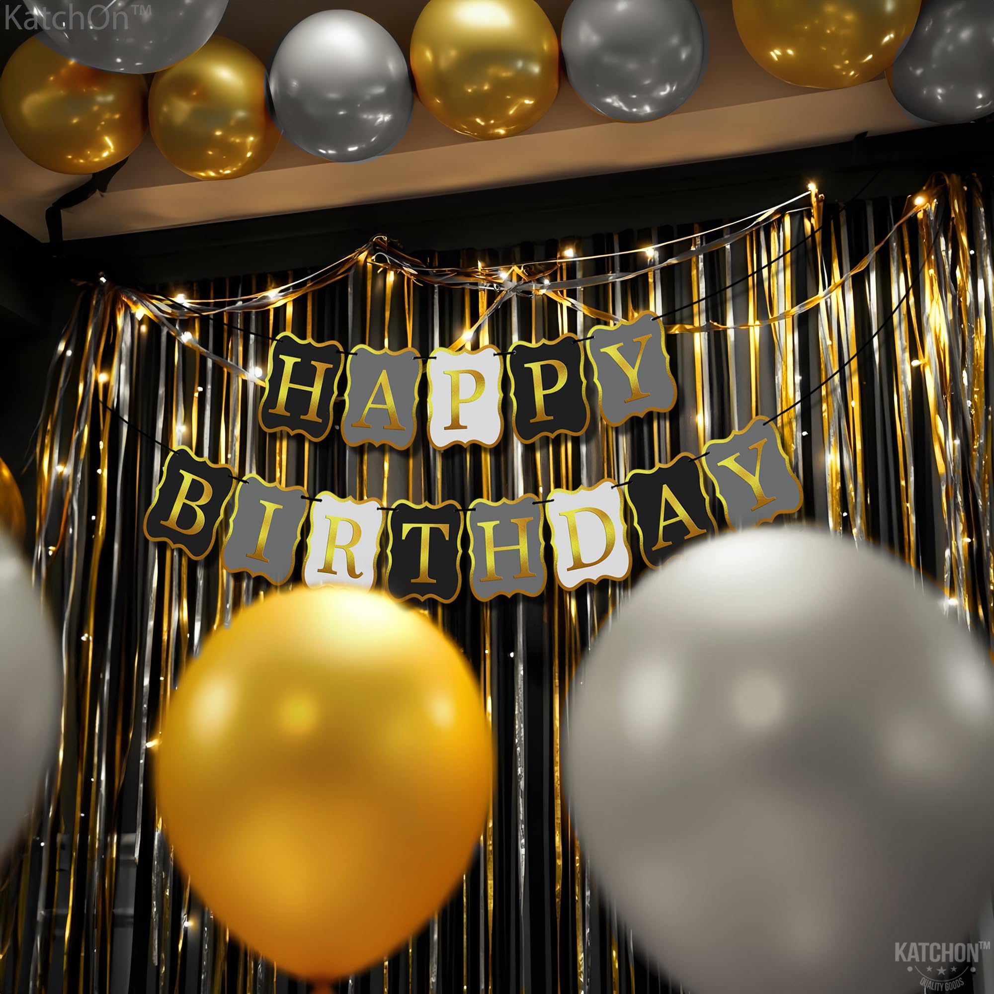 KatchOn 10ft Black & Gold Happy Birthday Banner - Premium Party Backdrop Sign for Birthday Decorations | Perfect for Indoor & Outdoor Celebrations, Photo Booths, and Festive Events