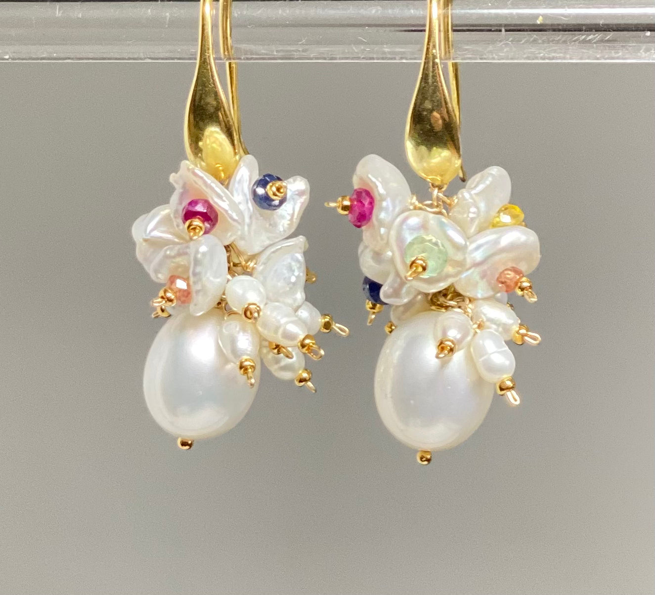 Exquisite Pearl Cluster Earrings with Multicolor Sapphire Gemstones & Keishi Pearls in Gold Fill - Perfect for Weddings, Parties & Special Occasions