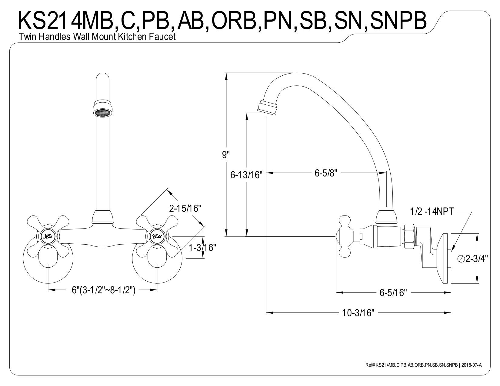 Elements of Design Nuvo ES2145X 2-Handle Wall Mount Kitchen Faucet in Oil Rubbed Bronze - 6-5/8