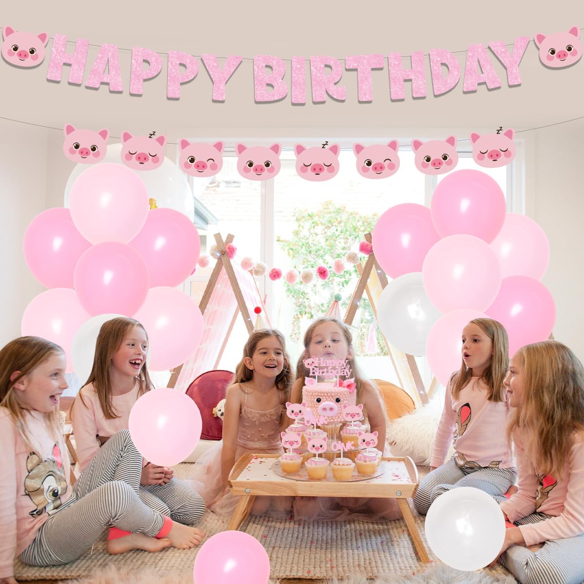 Pink Pig Birthday Party Decorations - Happy Birthday Banner, Garland & Cake Toppers for Girls Birthday, Baby Shower | Perfect for Themed Parties, 1st Birthday Celebrations & Nursery Decor