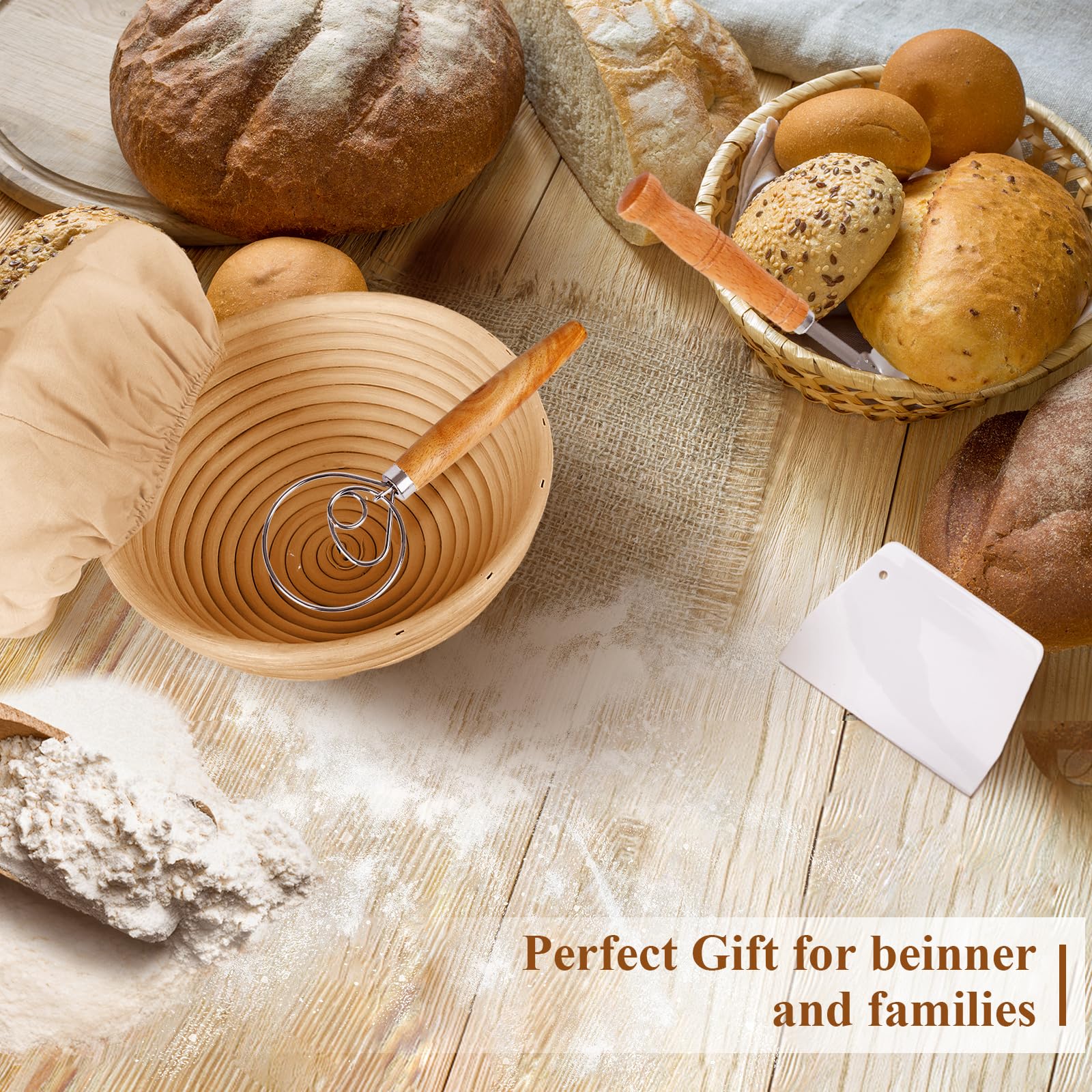 2-Pack 9 Inch Round Banneton Bread Proofing Basket Set - Sourdough Starter Kit with Dough Whisk & Bread Lame - Perfect for Artisan Bread Baking, Homemade Sourdough & Bread Making Gifts