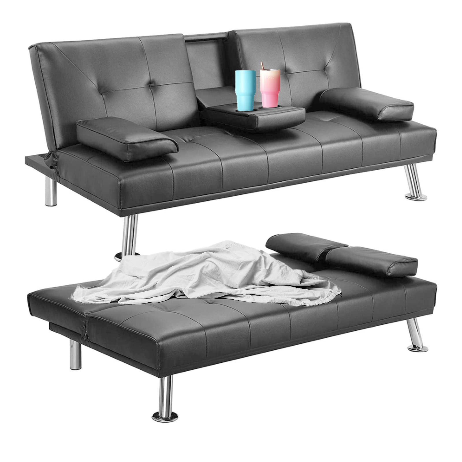 Modern Convertible Futon Sofa Bed - Faux Leather Sleeper Couch with Cup Holders & Removable Armrests for Small Spaces - Perfect for Living Room, Apartment, Dorm & Office Use