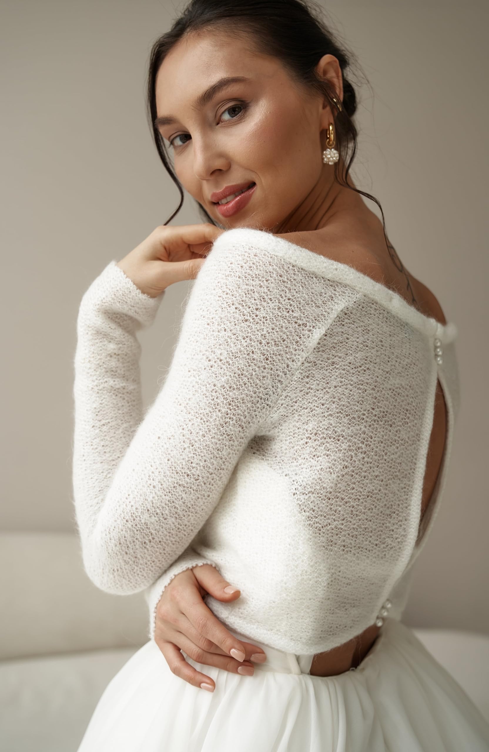 Ivory Mohair Bridal Bolero Sweater - Warm Knitted Pullover for Wedding Dress, Cozy Bridal Jumper & Shawl (Size S) | Perfect for Winter Weddings, Church Ceremonies & Outdoor Photo Shoots