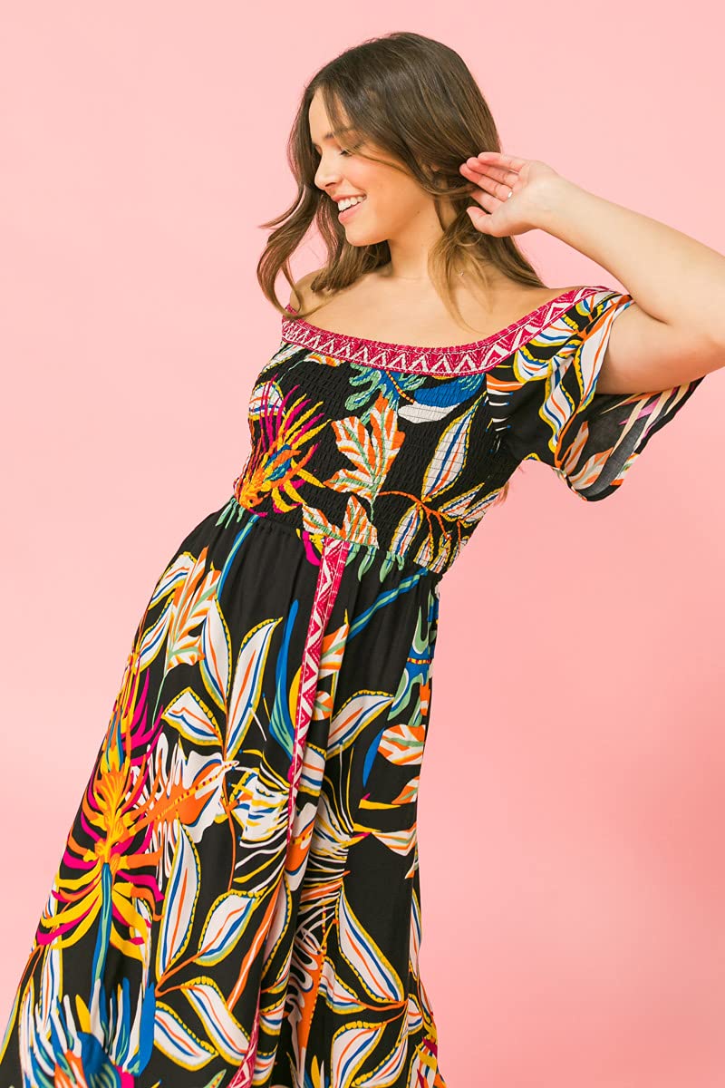 Bohemian Off Shoulder Maxi Dress - Hi Low Hem Tropical Floral Smocked Summer Dress for Beach Vacation, Music Festival & Boho Chic Outfits