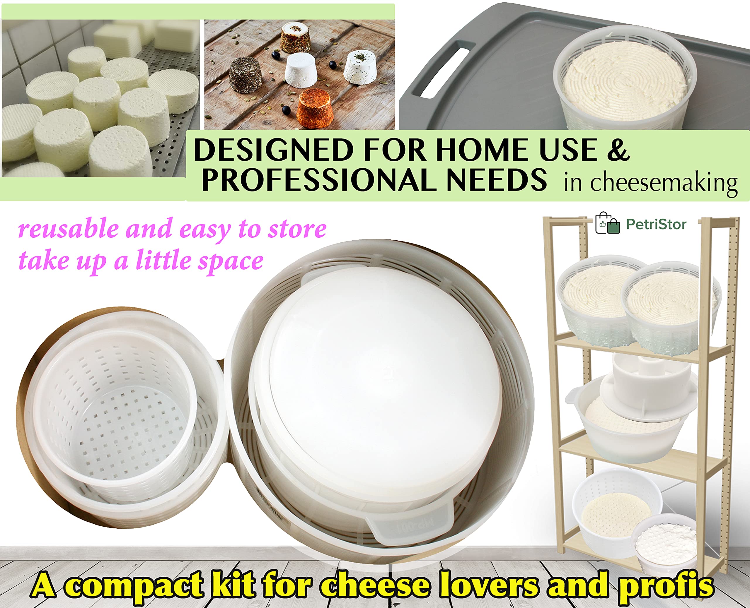 PetriStor 7-Piece Cheese Making Kit for Beginners - Soft Cheese Molds with Follower Piston - Cream Cheese Form Mold Basket - DIY Homemade Mozzarella, Ricotta & Goat Cheese Supplies (Perfect for Home Cheesemaking, Gifts & Culinary Classes)