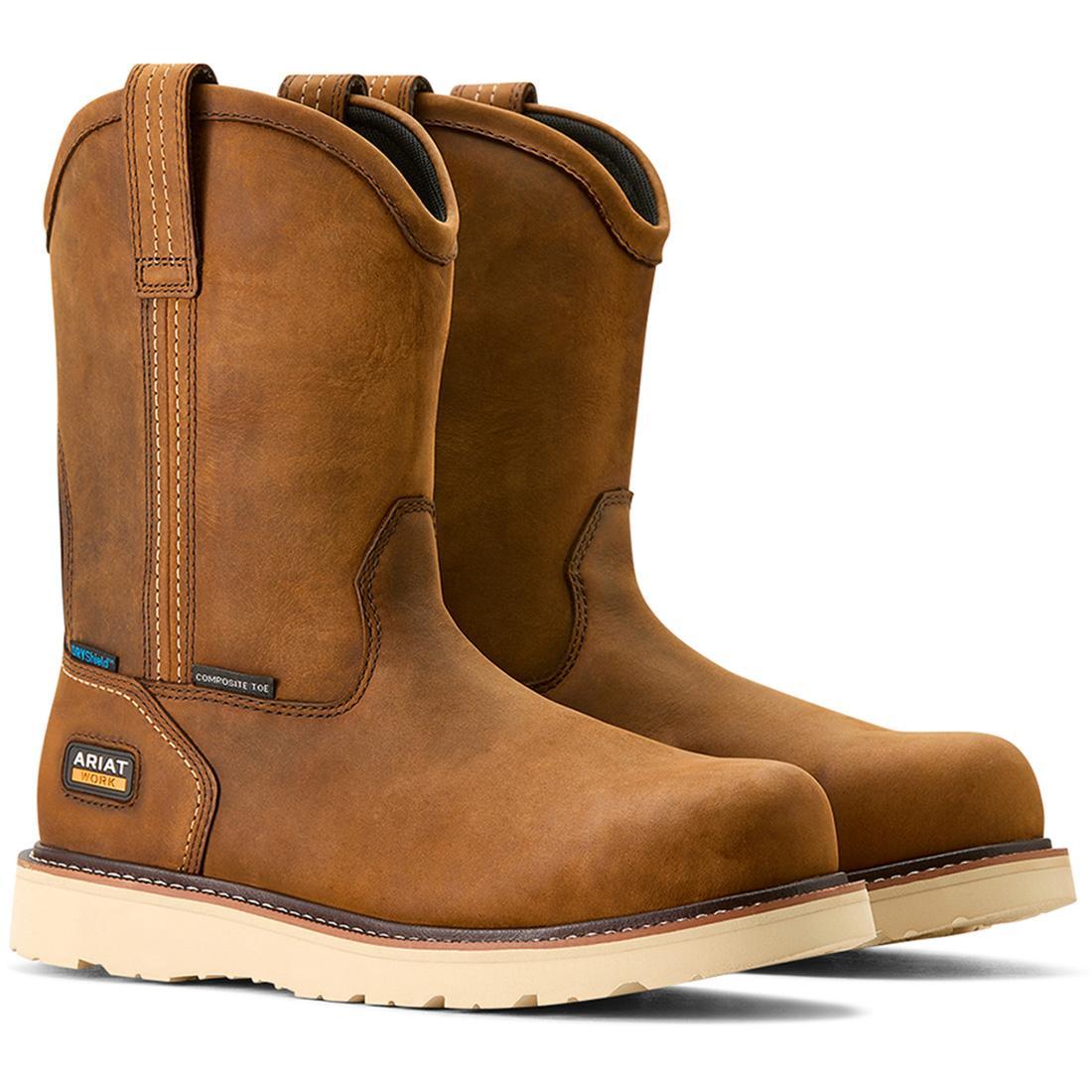 Rebar Composite Toe Waterproof Pull-On Wedge Work Boots - Distressed Brown for Construction, Landscaping & Outdoor Work