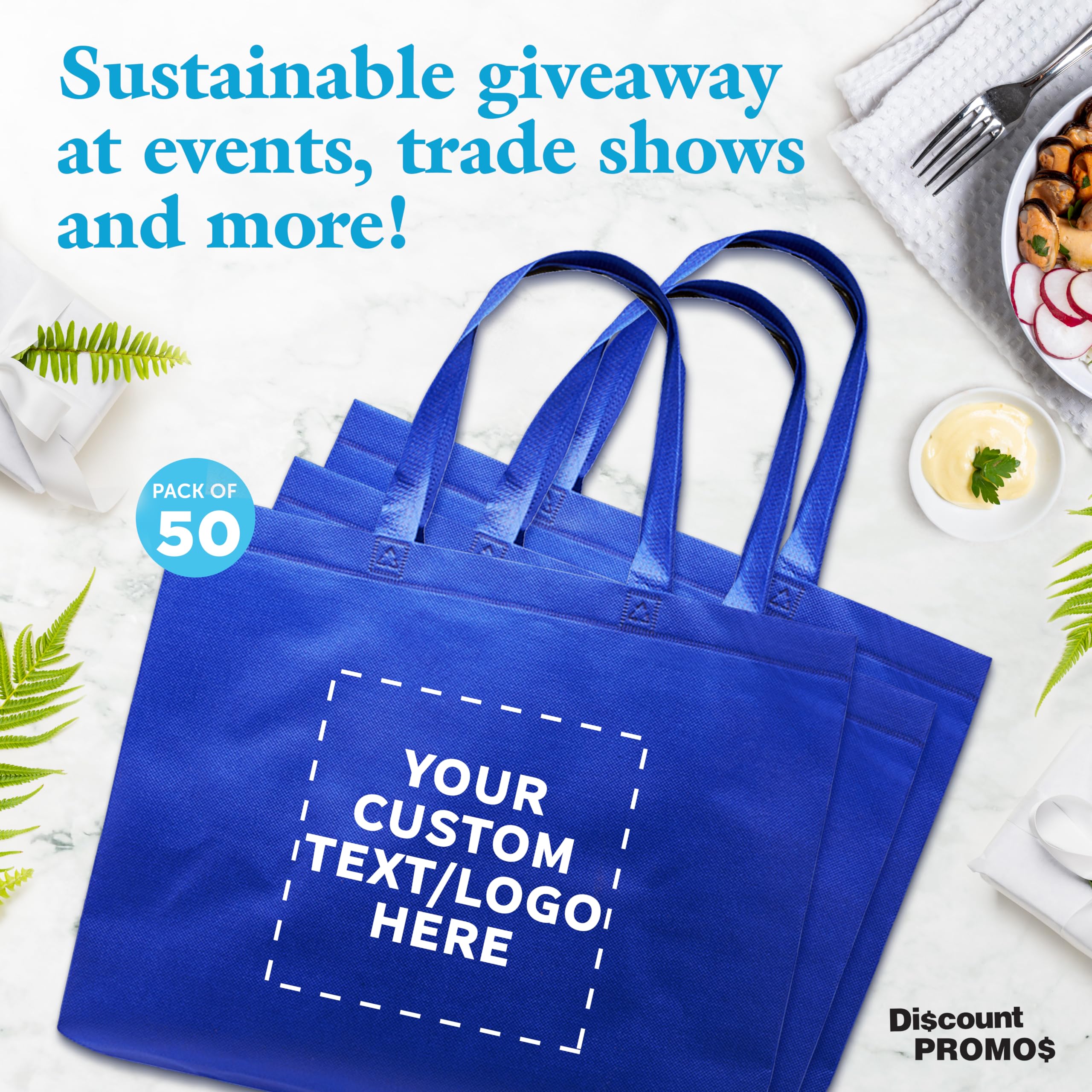 Custom Jumbo Reusable Tote Bags Bulk Set of 50 - Personalized Grocery Shopping Bags for Women, Promotional Items - Blue | Eco-Friendly Shopping, Grocery Hauling, Trade Show Giveaways & Branded Merchandise