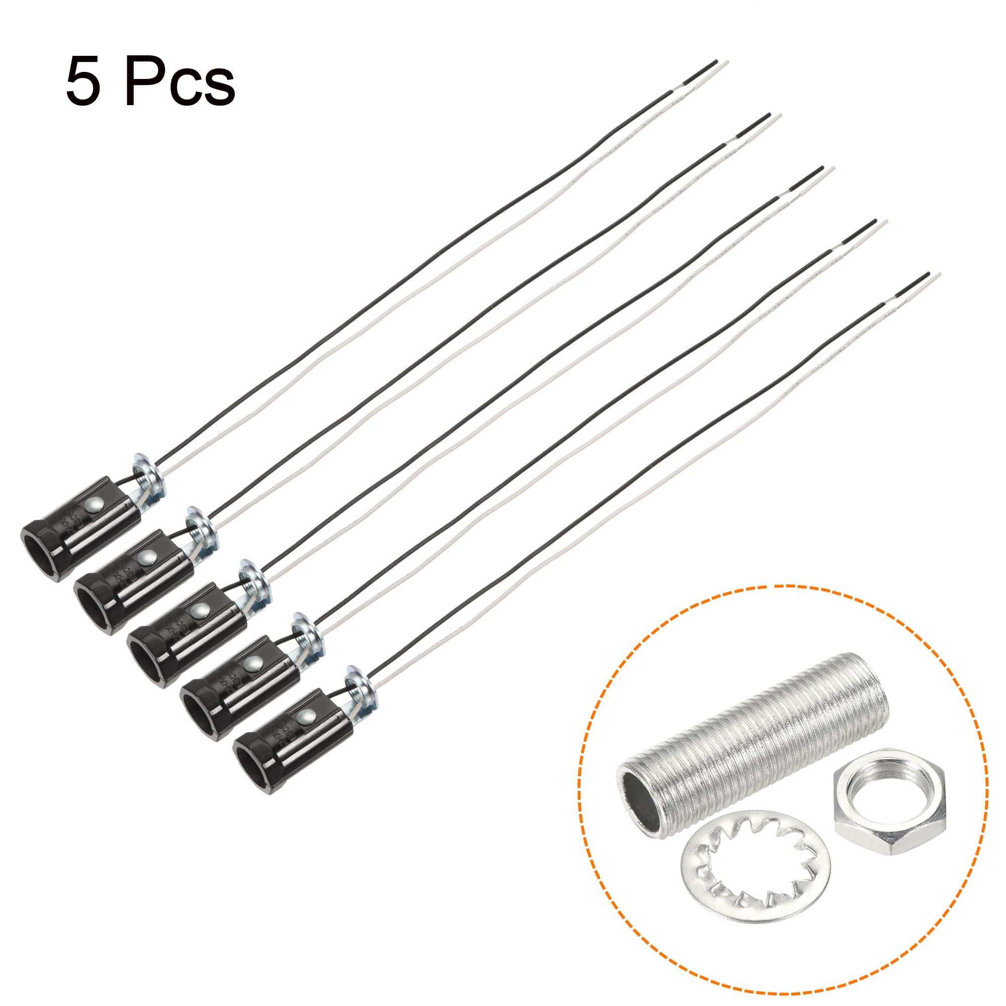 Meccanity E12 Bulb Socket - 1.69 Inch Height Candelabra Base LED Lamp Holder with 9.8 Inch Wire & M10 Lamp Pipe Nuts - Pack of 5 - Perfect for Chandeliers, Pendant Lights & DIY Lighting Projects