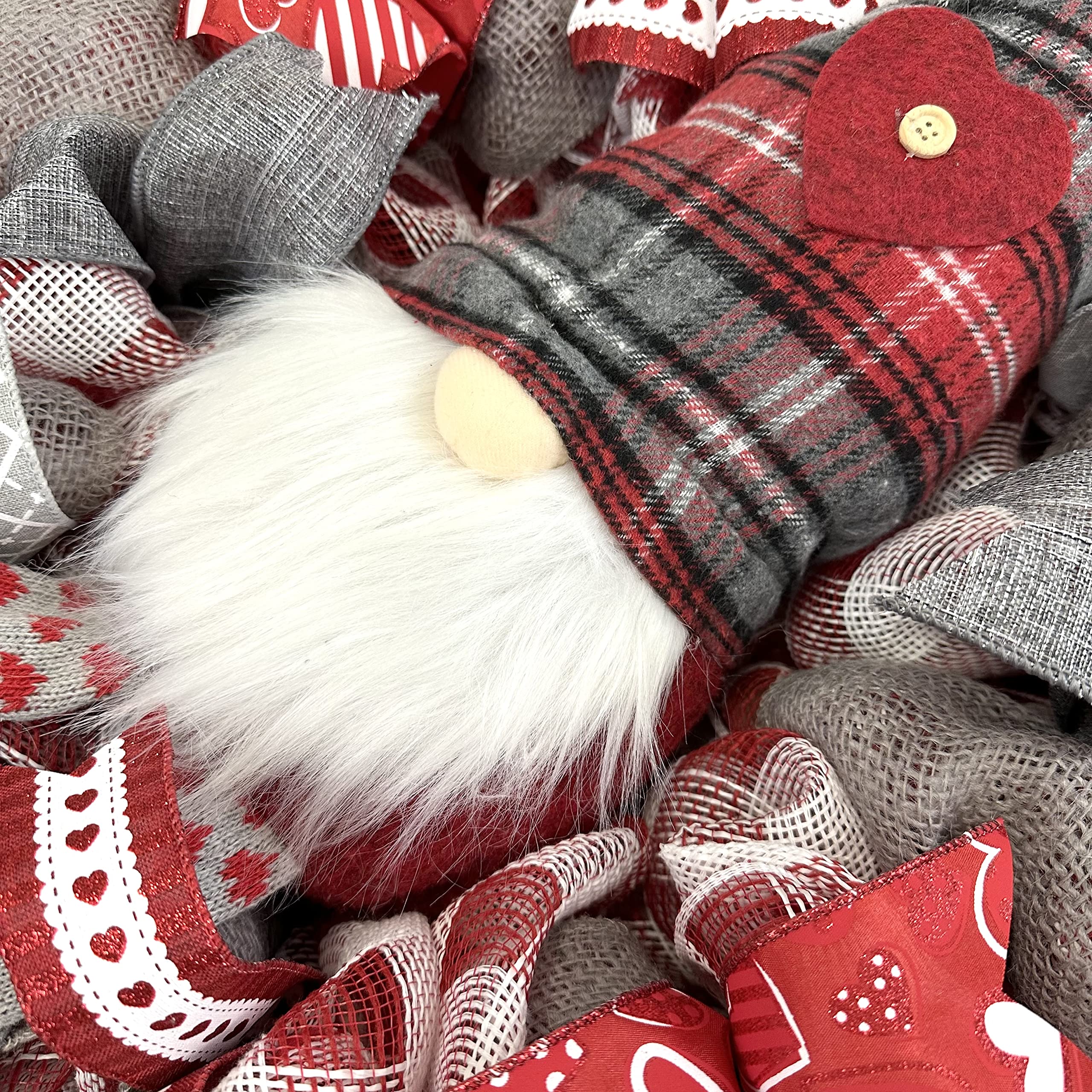 Valentine's Day Wreath - Gnome Stuffed Heart Decor - Burlap & Mesh Door Wreath with Floral Accents in Red, Black & White - Perfect for Front Door, Fireplace & Holiday Home Decor