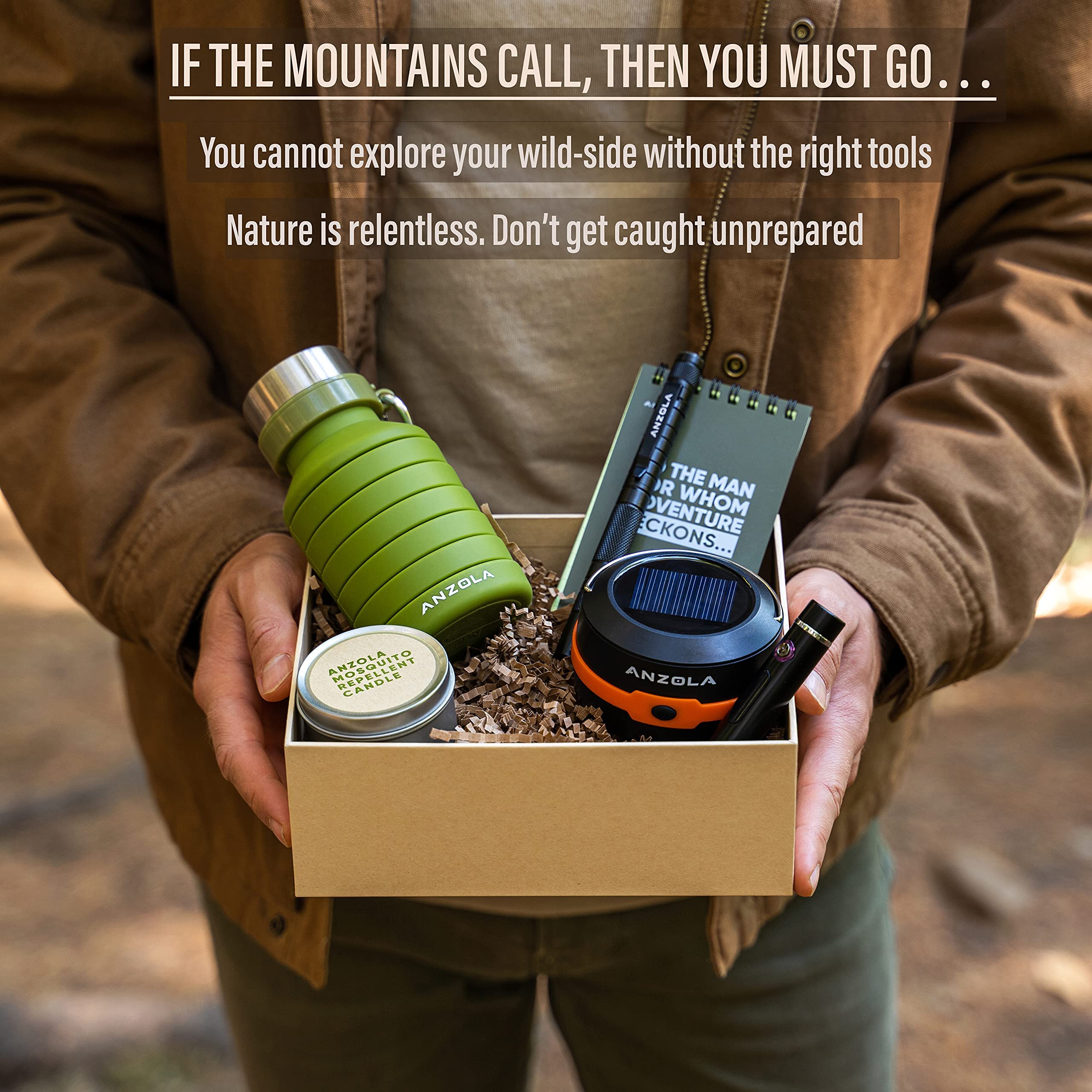 Premium Camping Gift Set for Men - Travel Bottle, Waterproof Notepad, Solar Charger with Flashlight, USB Lighter & Tactical Pen - Perfect for Father's Day, Birthday Gifts for Dad, Husband or Boyfriend - Ideal for Outdoor Adventures, Hiking, Camping Trips & Emergency Preparedness