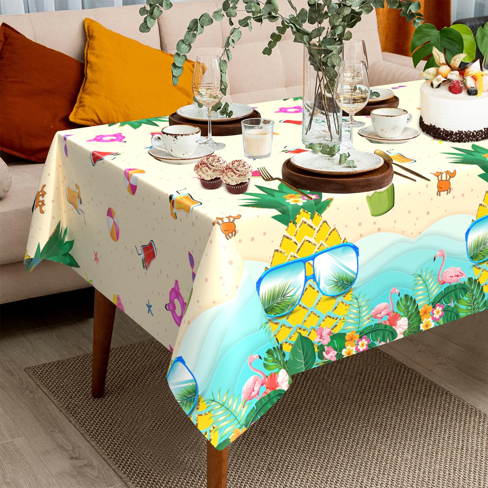 Wpensky Hawaiian Tablecloth - 1PC Tropical Pineapple Luau Disposable Plastic Table Cover for Tiki Party, Birthday & Summer Festivals | Perfect for Beach Parties, BBQ Gatherings & Hawaiian-Themed Decorations