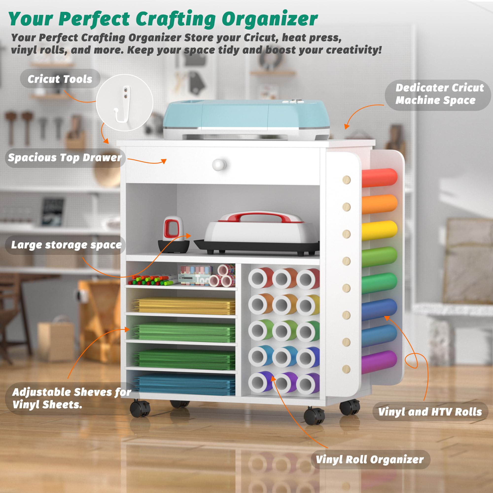 Cricut Compatible Craft Storage Cart with Vinyl Roll Holder & Drawers - Rolling Craft Organization Cabinet & Workstation for DIY Projects, Scrapbooking & Home Craft Room Organization