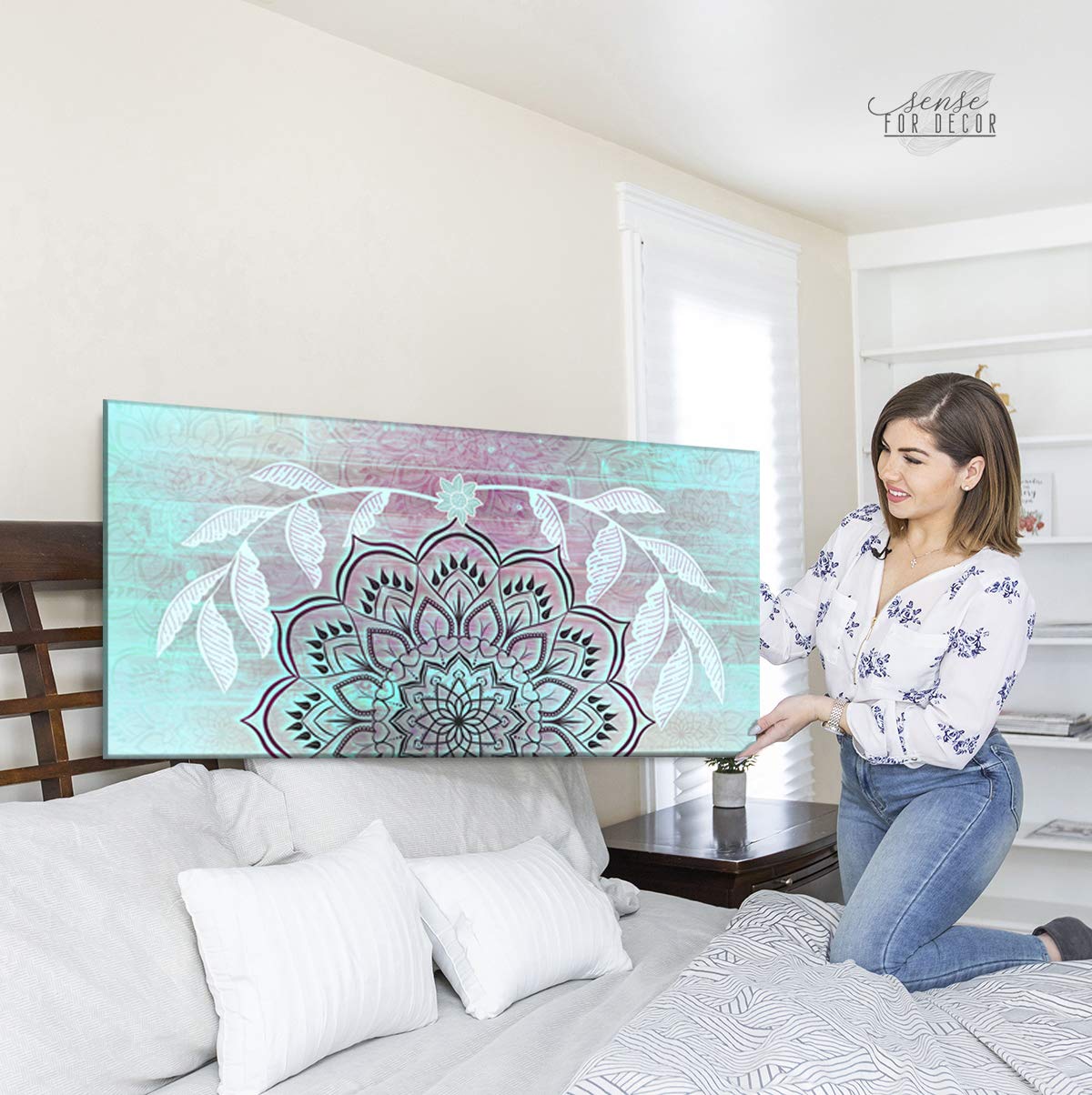 Boho Mandala Macrame Wall Hanging Art - Handmade Teal Inverted Wall Decor for Bedroom & Living Room - 60x27 Inches Boho Headboard Tapestry | Perfect for Meditation Spaces, Yoga Studios & Bohemian Home Decor
