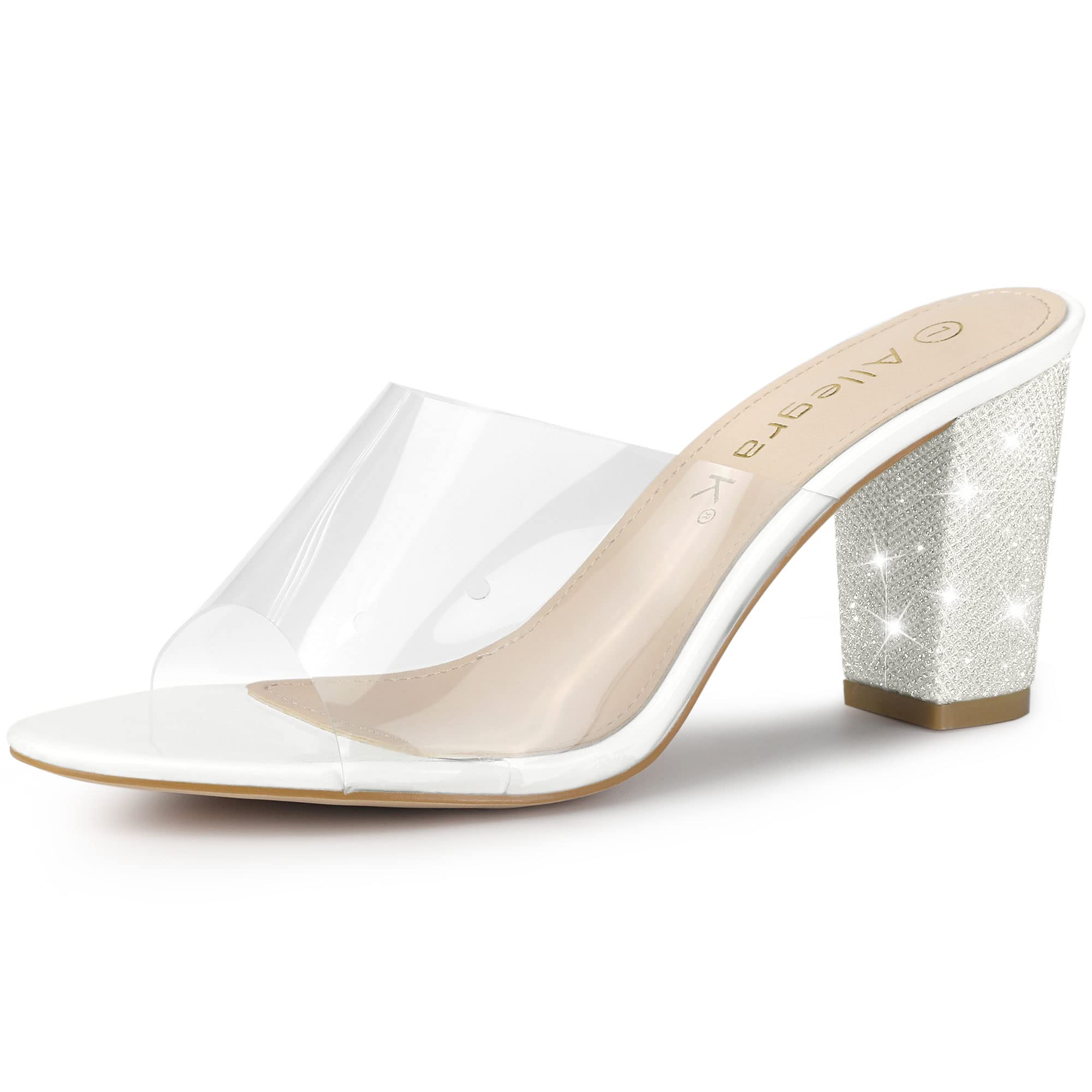 Allegra K Women's Clear Glitter Chunky Heel Slide Sandals - Fashionable Summer Party Shoes for Weddings, Beach Vacations & Night Out